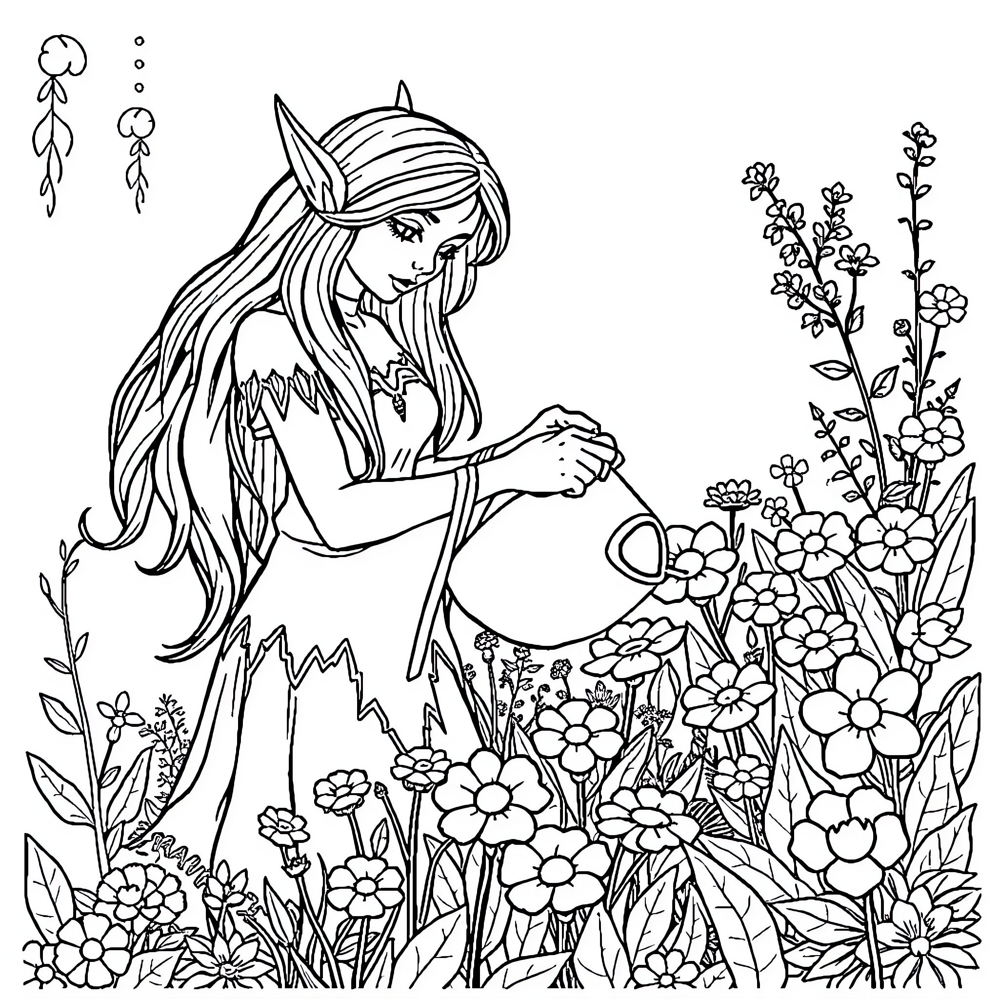 Elf tending to a garden of vibrant flowers Coloring Page (free black-and-white line drawing printable PDF for all, from beginners to advanced learners, including children, teens, adults, and seniors)