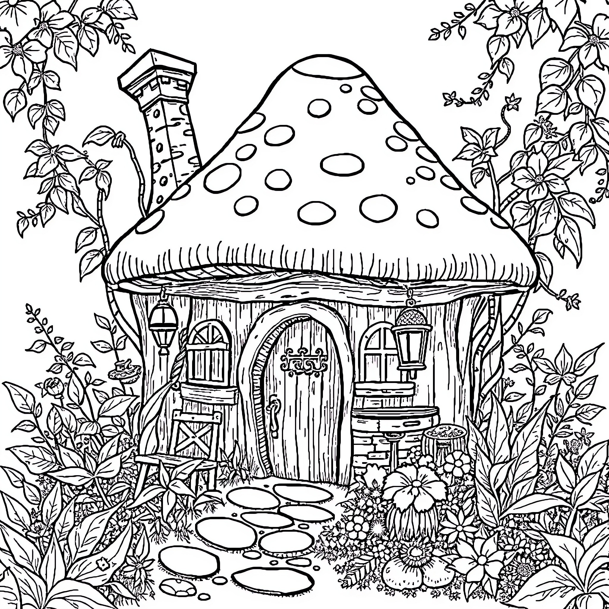 Mushroom cottage surrounded by lush foliage Coloring Page (free black-and-white line drawing printable PDF for all, from beginners to advanced learners, including children, teens, adults, and seniors)