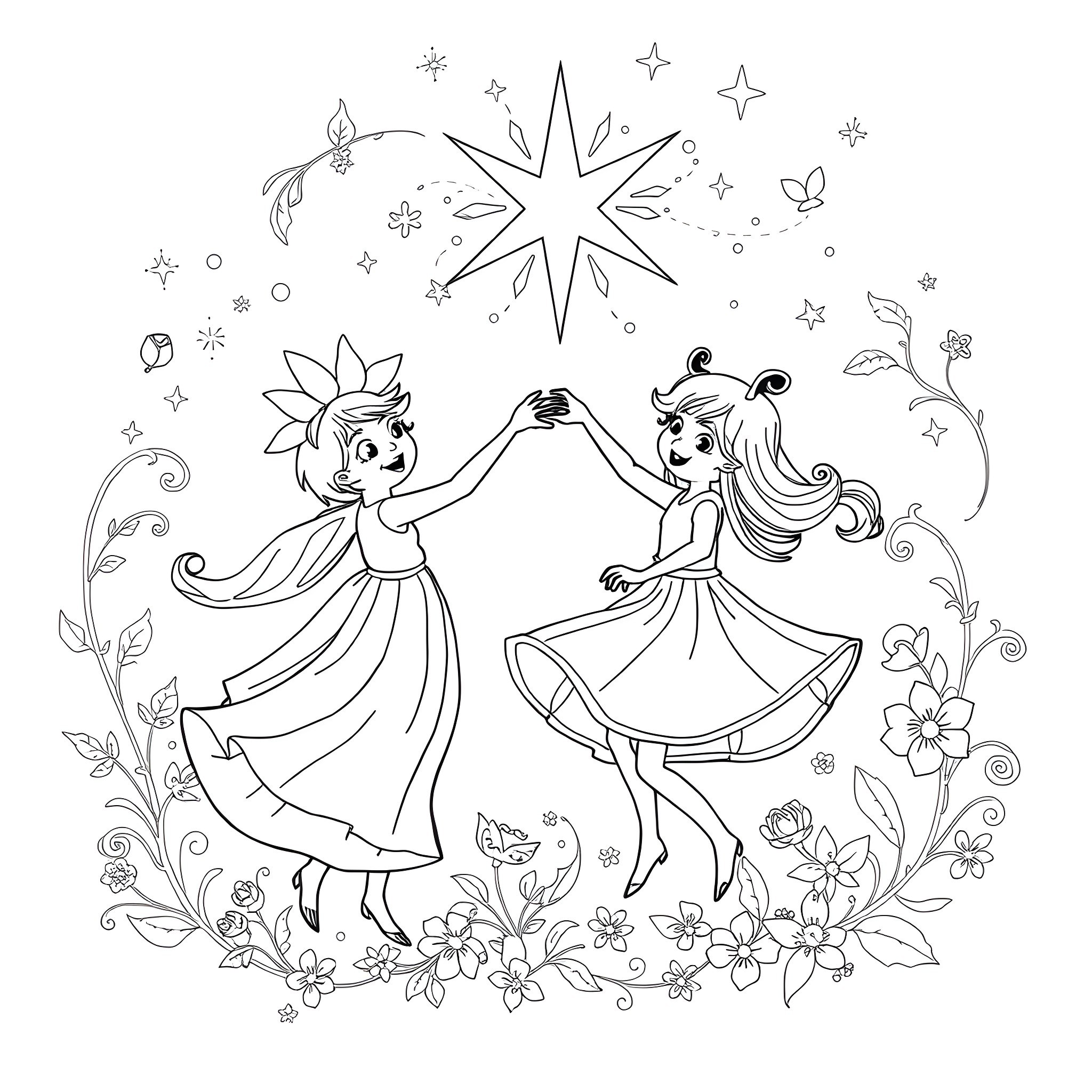 Labubu's Enchanted Dance under the Starry Night Coloring Page (free black-and-white line drawing printable PDF for all, from beginners to advanced learners, including children, teens, adults, and seniors)