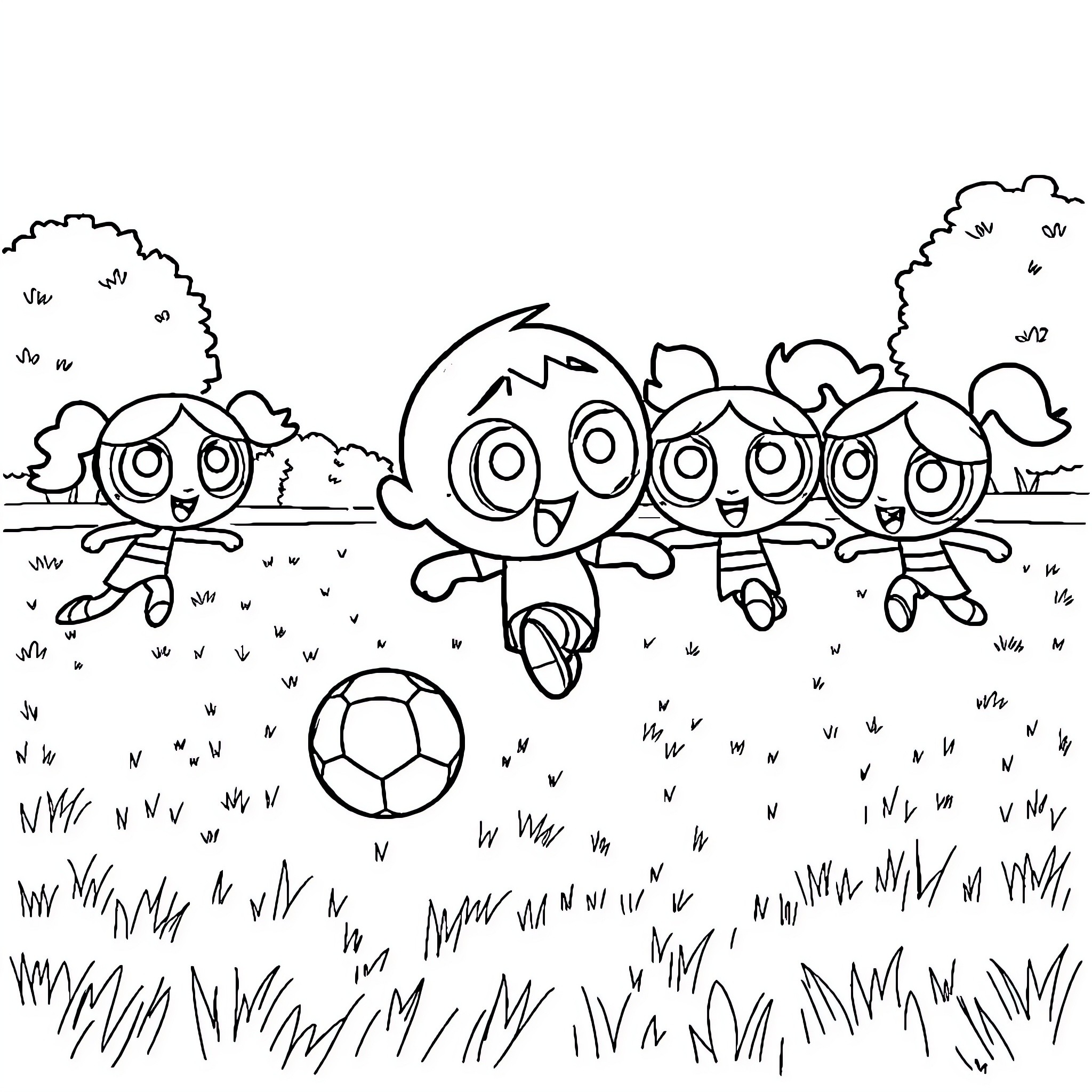 Bluey and friends playing with a soccer ball in the park Coloring Page (free black-and-white line drawing printable PDF for all, from beginners to advanced learners, including children, teens, adults, and seniors)