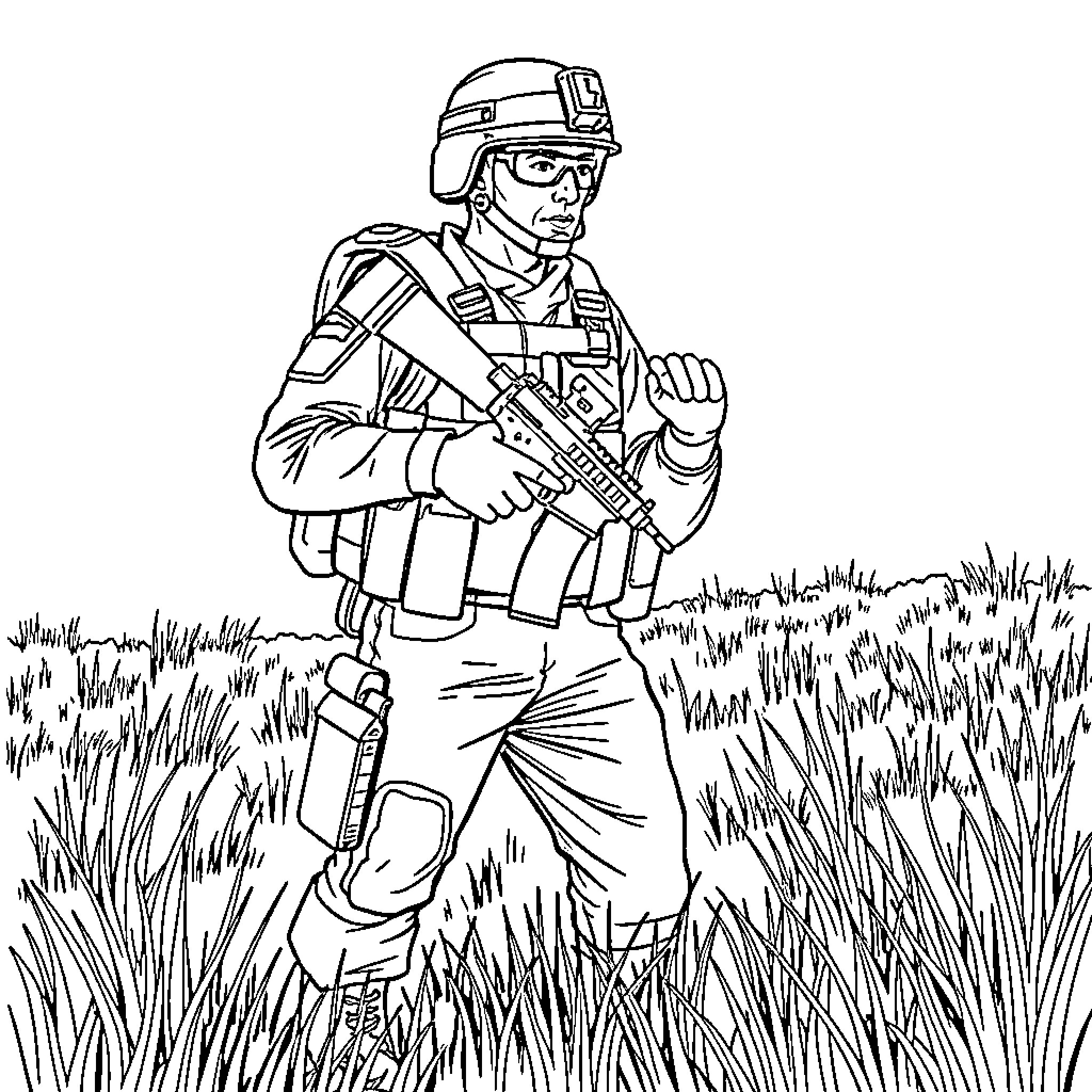 Soldier on patrol in grassy terrain Coloring Page (free black-and-white line drawing printable PDF for all, from beginners to advanced learners, including children, teens, adults, and seniors)