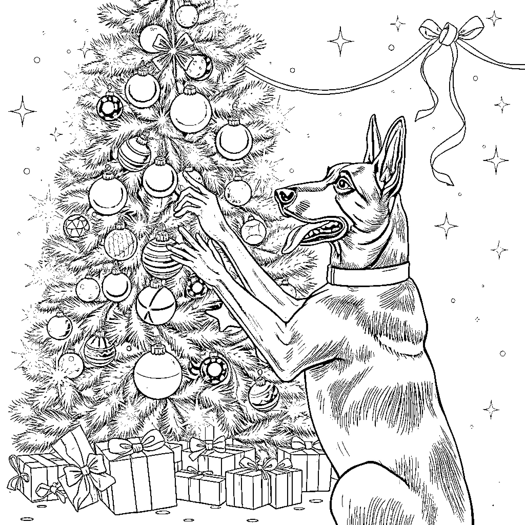 Dog guarding Christmas tree with presents Coloring Page (free black-and-white line drawing printable PDF for all, from beginners to advanced learners, including children, teens, adults, and seniors)