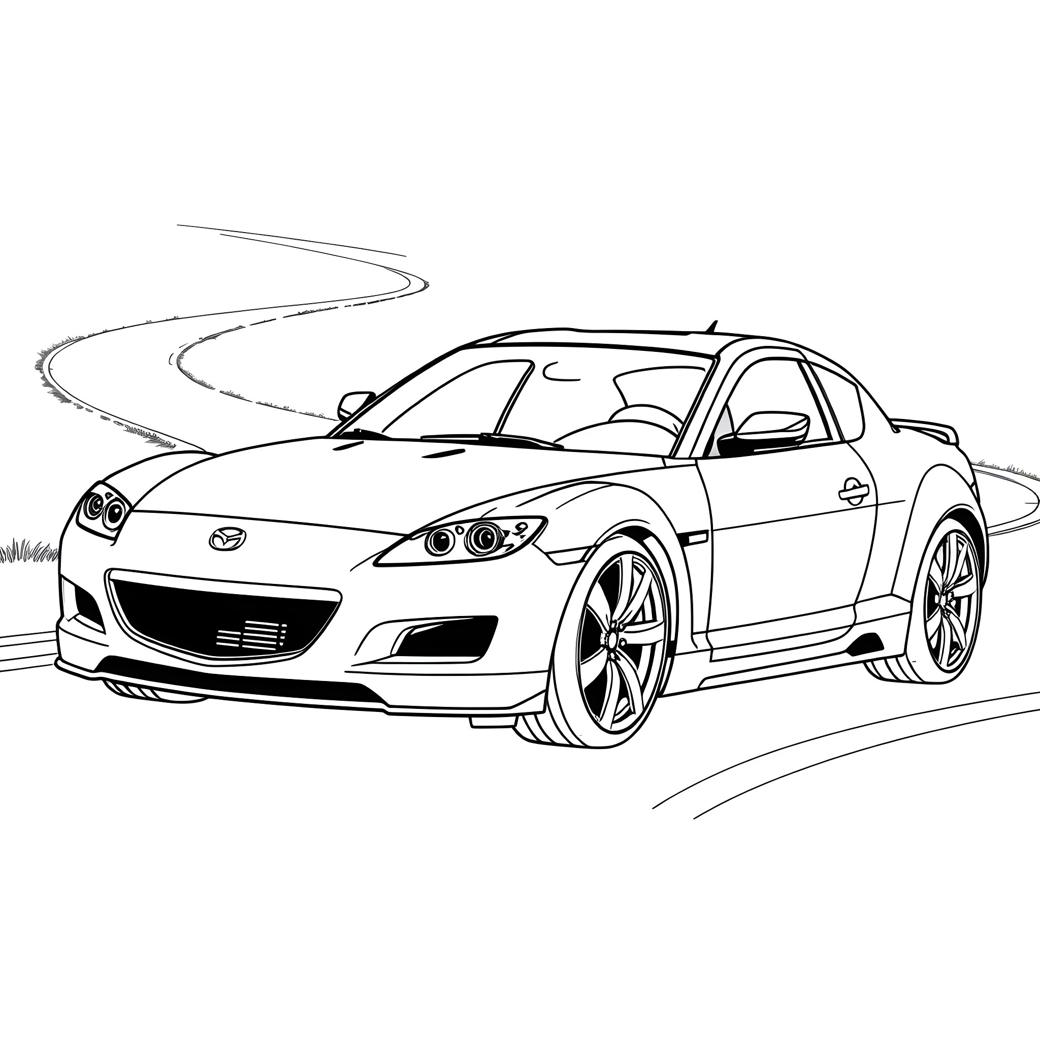 Mazdaspeed sports car on a winding road Coloring Page (free black-and-white line drawing printable PDF for all, from beginners to advanced learners, including children, teens, adults, and seniors)