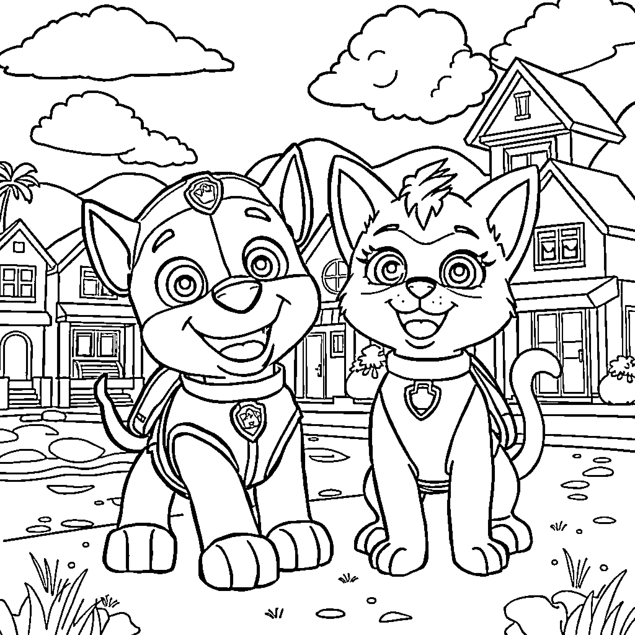 Rubble of playful pups in a neighborhood scene Coloring Page (free black-and-white line drawing printable PDF for all, from beginners to advanced learners, including children, teens, adults, and seniors)