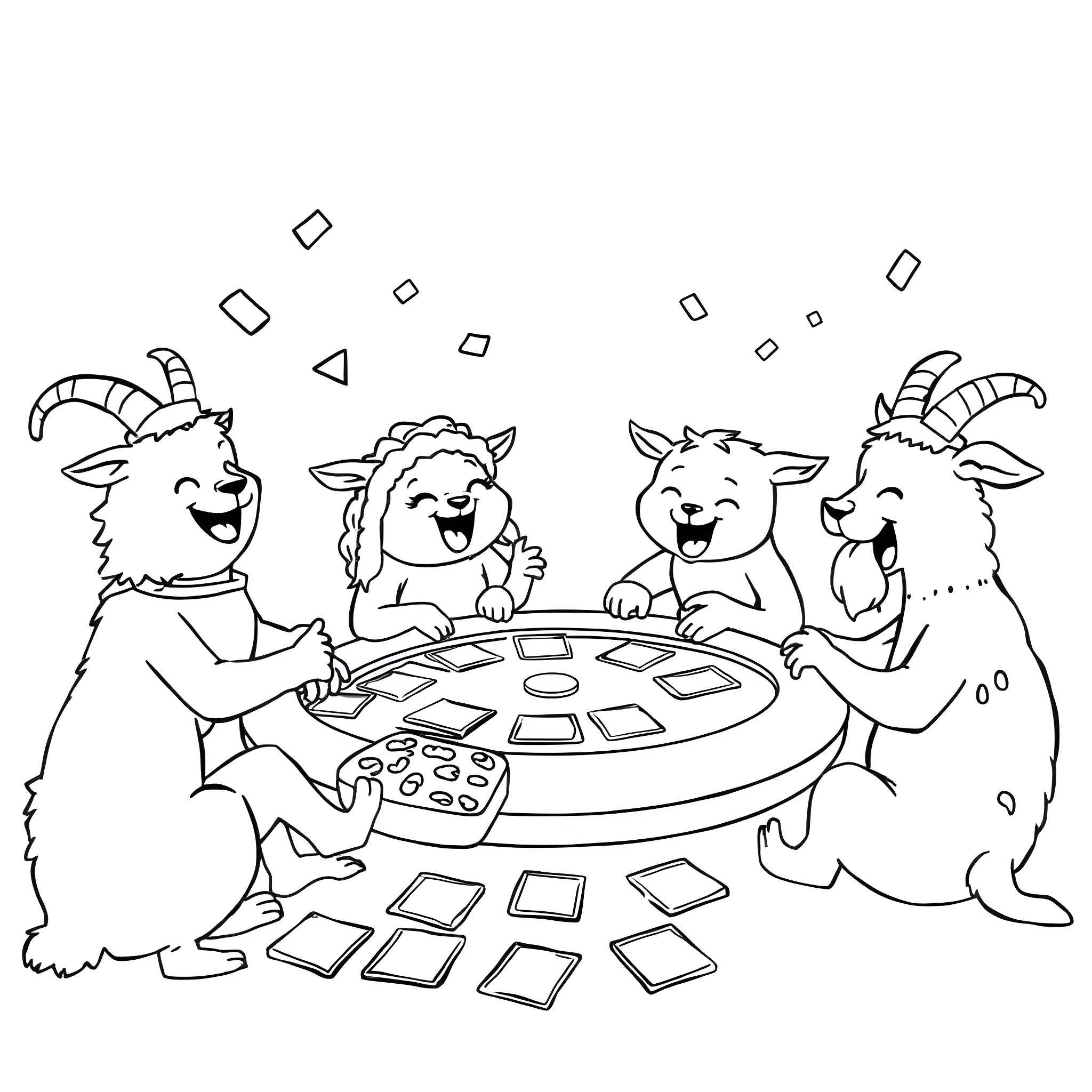 Taco Night with Playful Goats Coloring Page (free black-and-white line drawing printable PDF for all, from beginners to advanced learners, including children, teens, adults, and seniors)