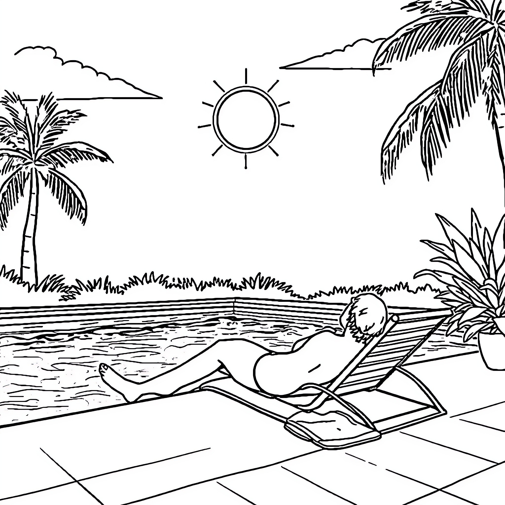 Sun-kissed Beach Bliss Coloring Page (free black-and-white line drawing printable PDF for all, from beginners to advanced learners, including children, teens, adults, and seniors)