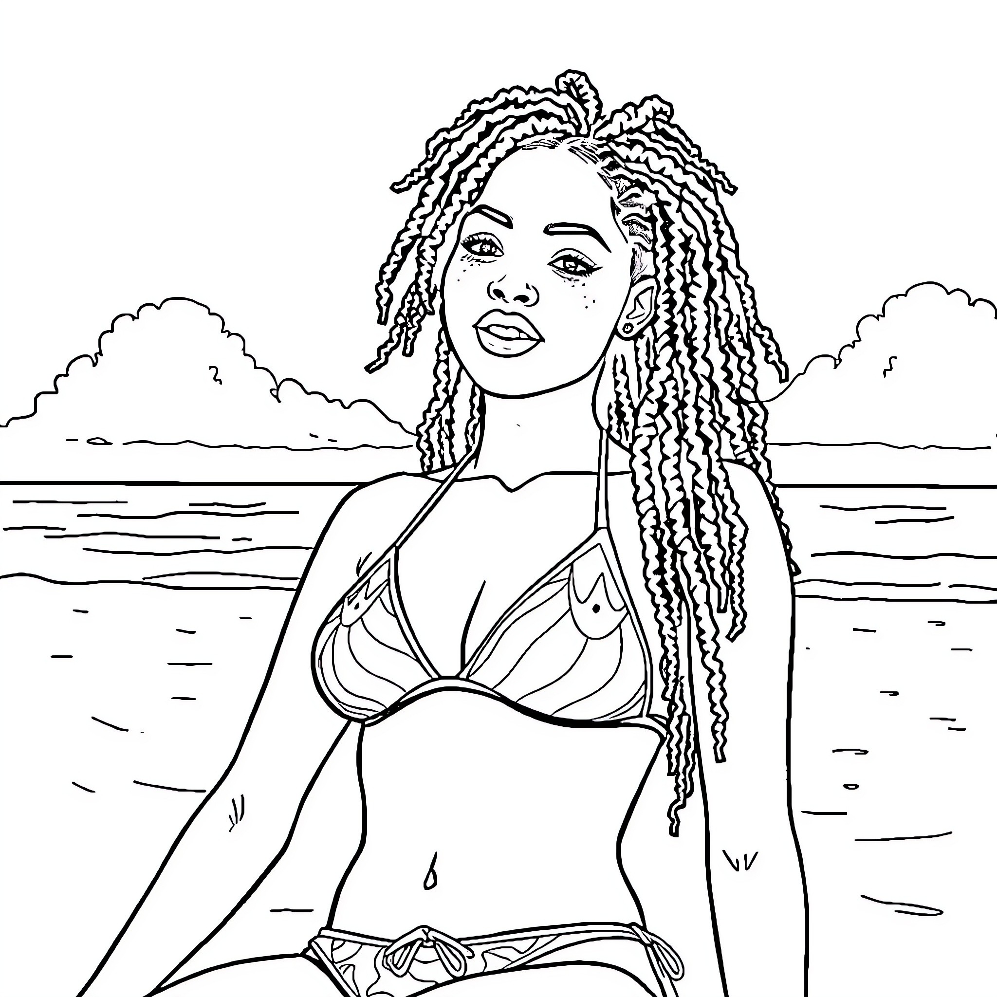 Woman enjoying the beach scenery Coloring Page (free black-and-white line drawing printable PDF for all, from beginners to advanced learners, including children, teens, adults, and seniors)