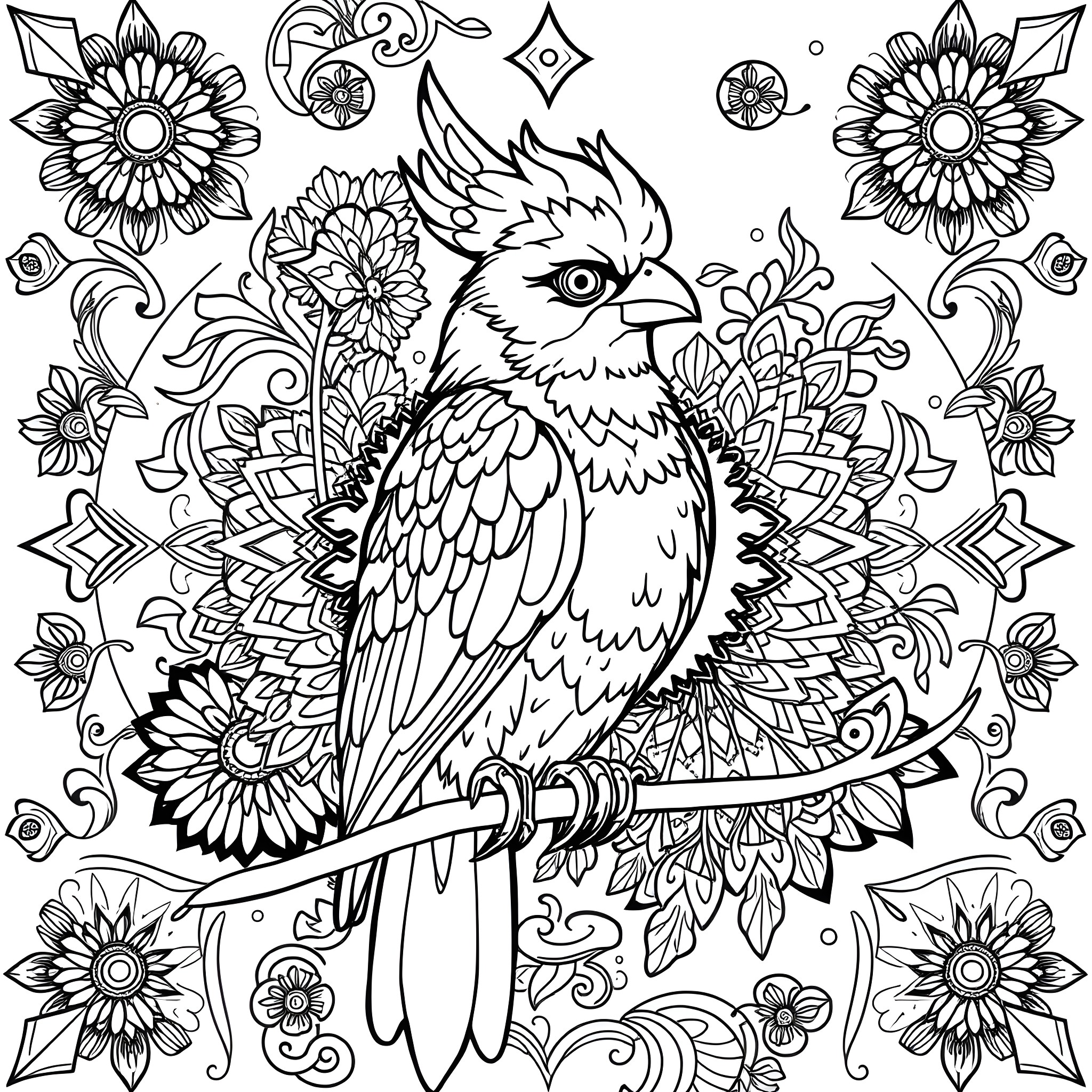 Bird among ornate floral patterns Coloring Page (free black-and-white line drawing printable PDF for all, from beginners to advanced learners, including children, teens, adults, and seniors)