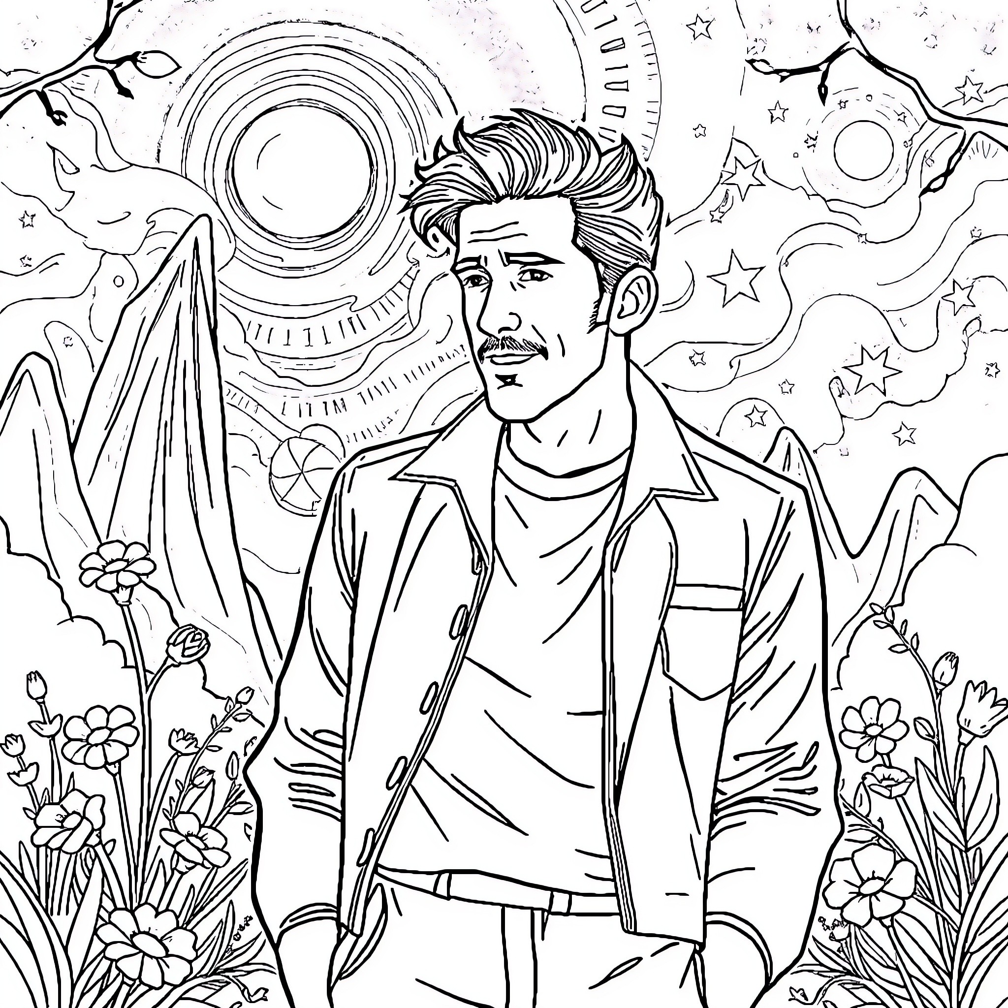 Alessandro Del Piero in a thoughtful outdoor setting Coloring Page (free black-and-white line drawing printable PDF for all, from beginners to advanced learners, including children, teens, adults, and seniors)