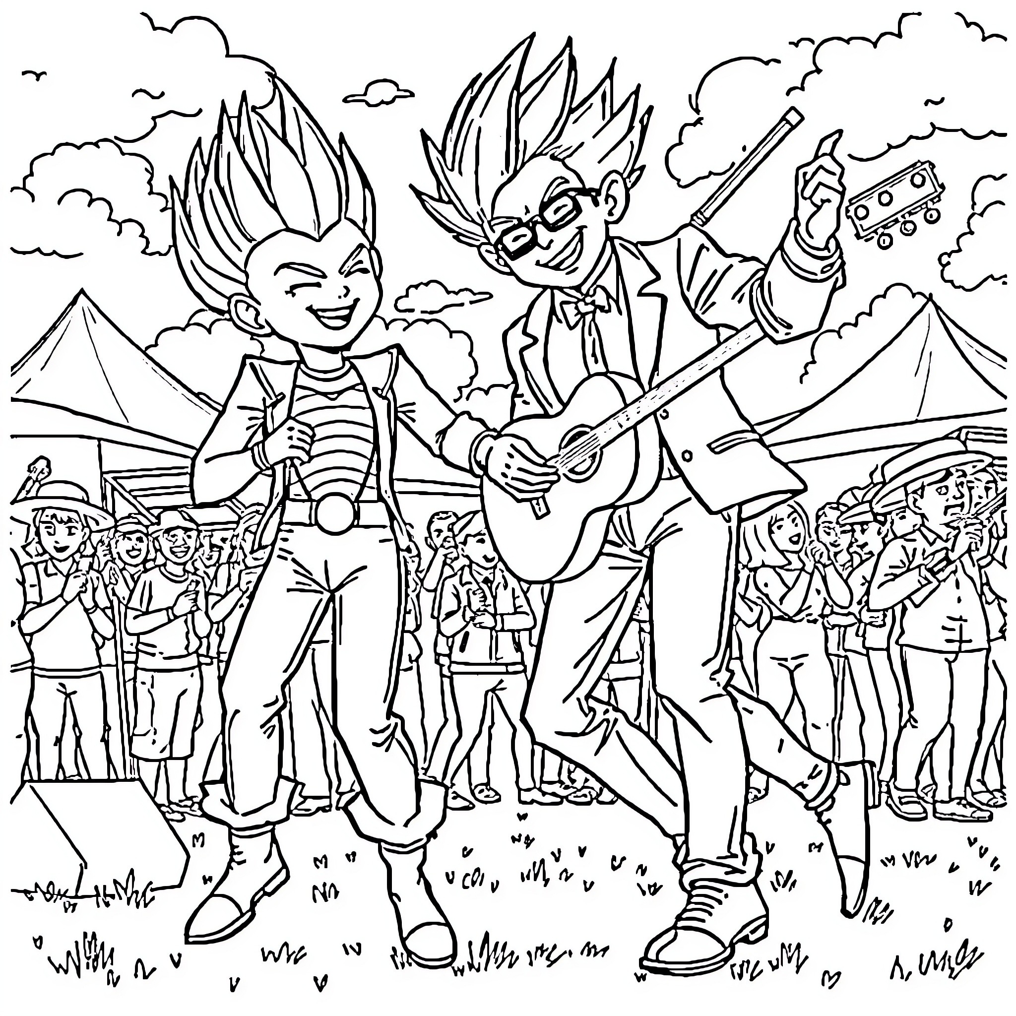 Vegeta and Goku enjoying a musical performance in the mountains Coloring Page (free black-and-white line drawing printable PDF for all, from beginners to advanced learners, including children, teens, adults, and seniors)
