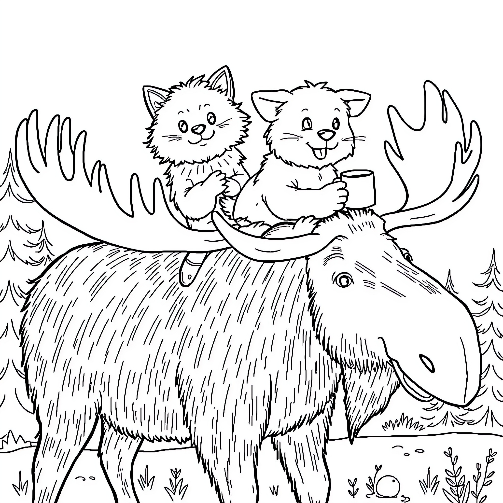 Moose carrying playful kittens in the wilderness Coloring Page (free black-and-white line drawing printable PDF for all, from beginners to advanced learners, including children, teens, adults, and seniors)