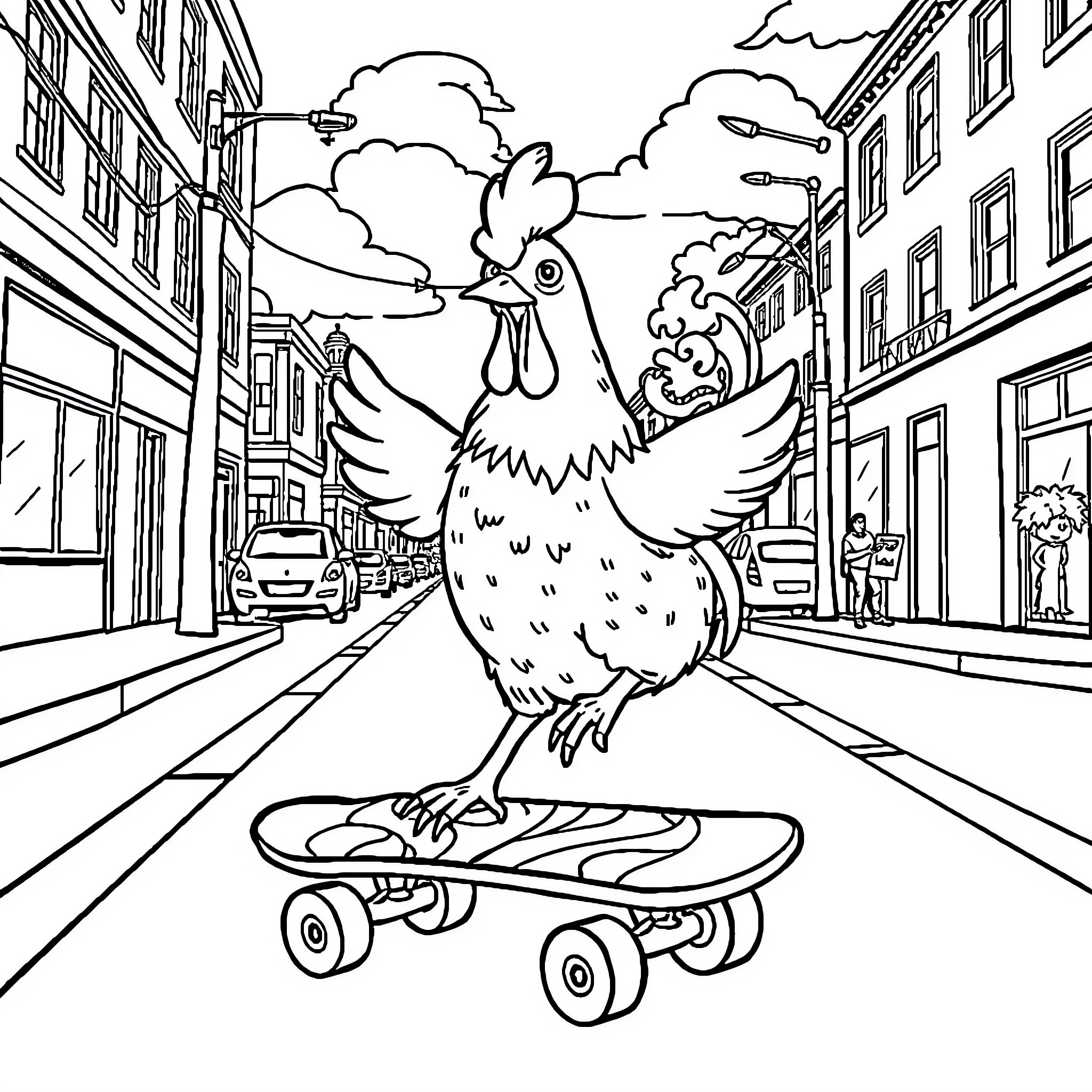 Chicken riding a skateboard in the city Coloring Page (free black-and-white line drawing printable PDF for all, from beginners to advanced learners, including children, teens, adults, and seniors)