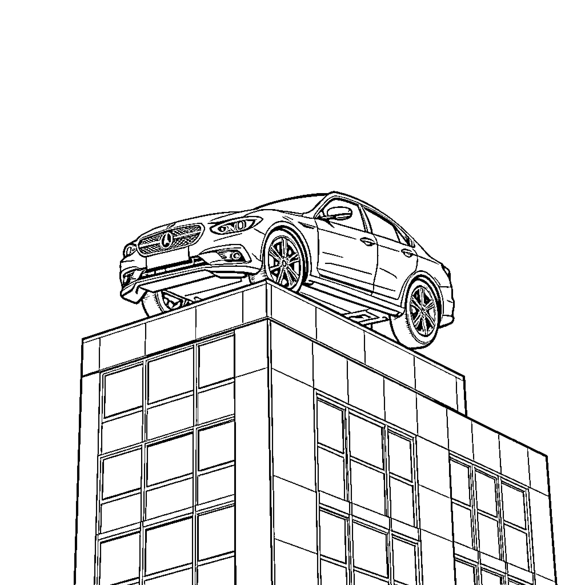 Car balancing on top of modern building Coloring Page (free black-and-white line drawing printable PDF for all, from beginners to advanced learners, including children, teens, adults, and seniors)