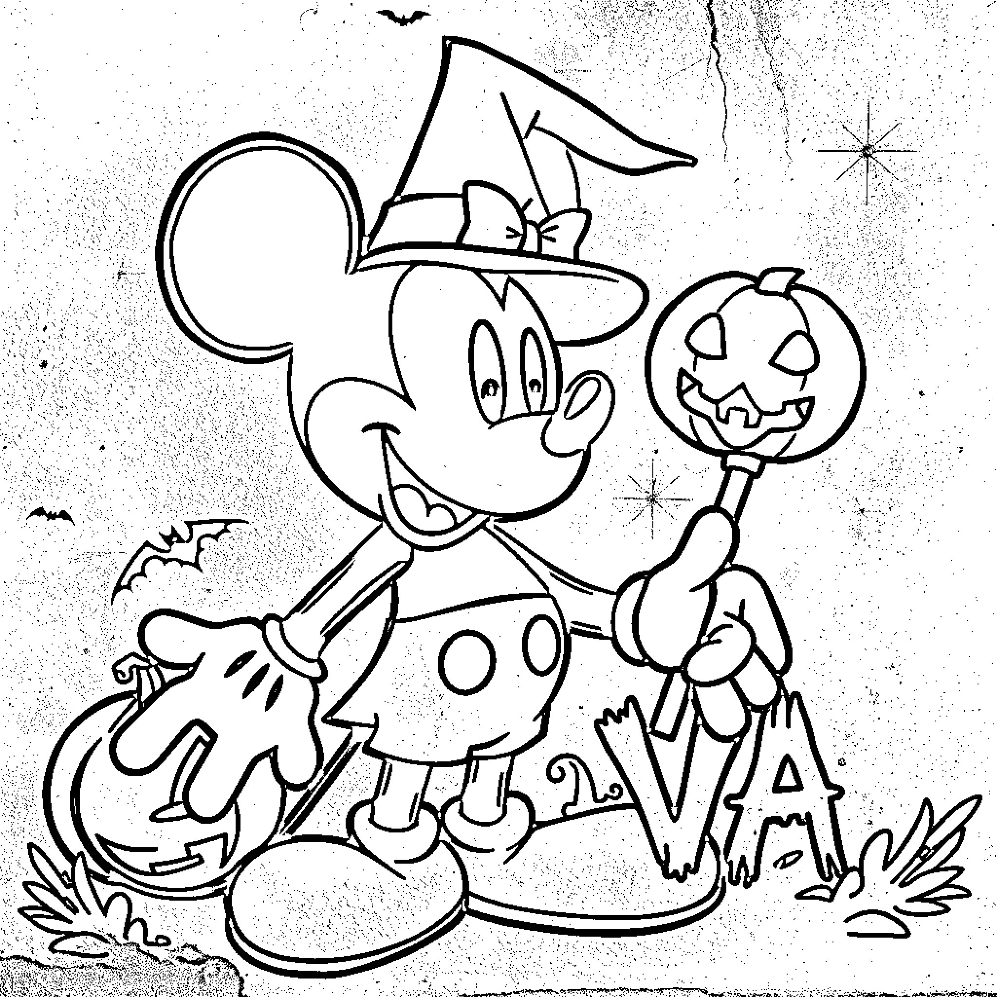 Mickey in Festive Halloween Attire Coloring Page (free black-and-white line drawing printable PDF for all, from beginners to advanced learners, including children, teens, adults, and seniors)