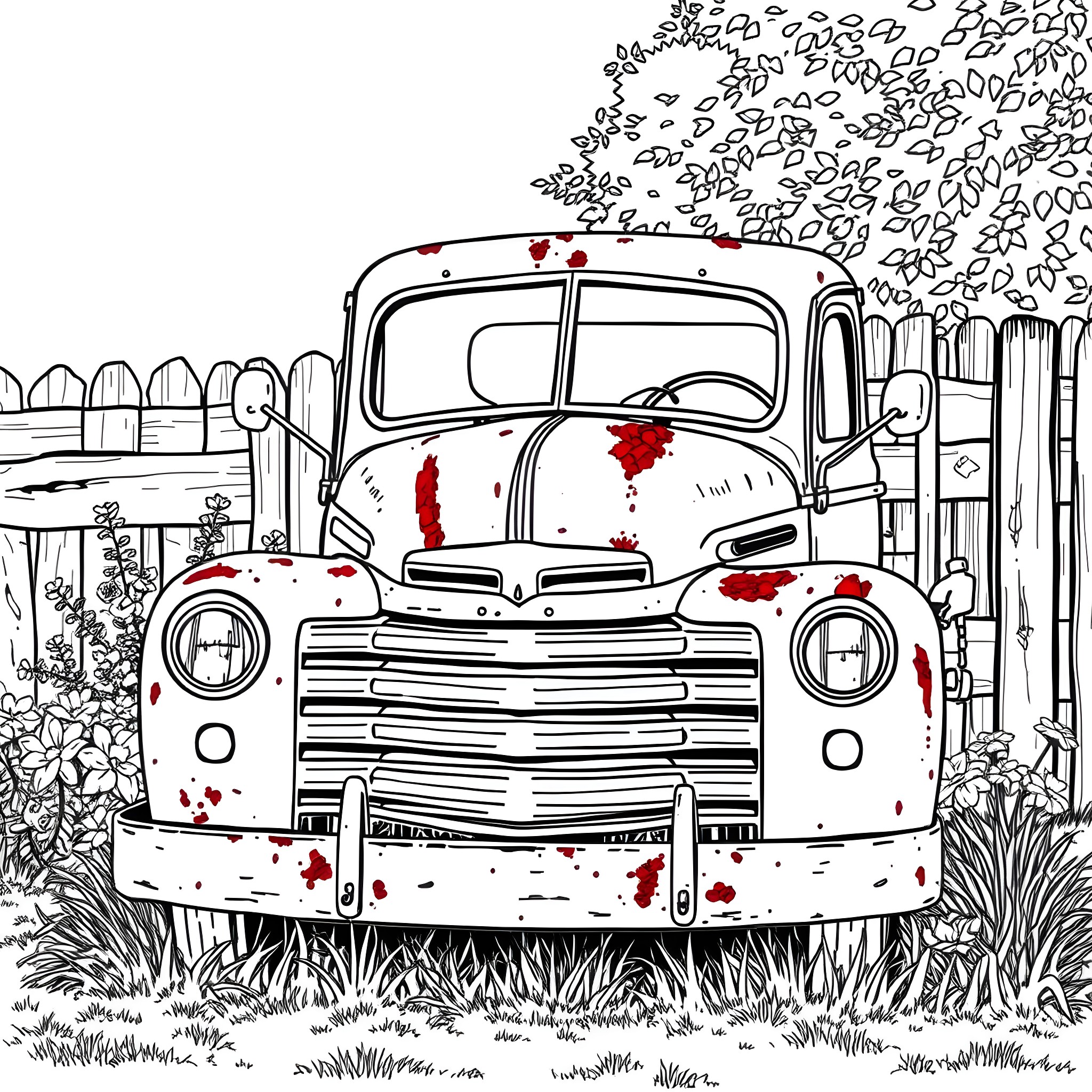 Truck with Rustic Charm in Countryside Landscape Coloring Page (free black-and-white line drawing printable PDF for all, from beginners to advanced learners, including children, teens, adults, and seniors)