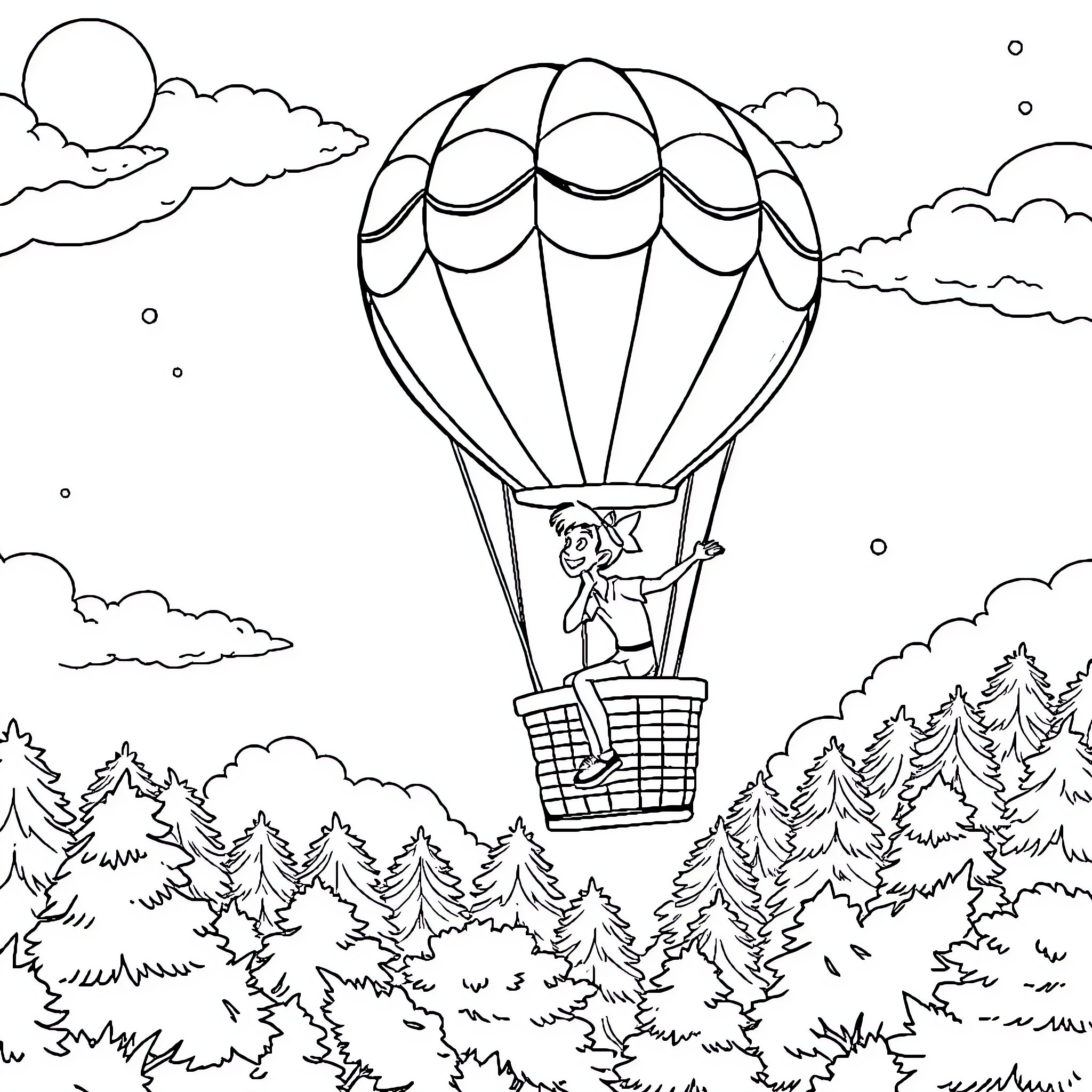 Peter Pan flying in a hot air balloon over the forest Coloring Page (free black-and-white line drawing printable PDF for all, from beginners to advanced learners, including children, teens, adults, and seniors)