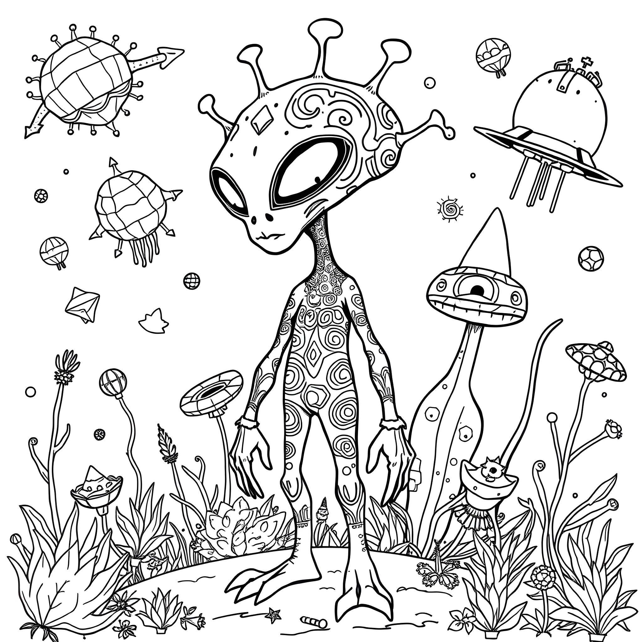 Alien creatures exploring a mystical landscape Coloring Page (free black-and-white line drawing printable PDF for all, from beginners to advanced learners, including children, teens, adults, and seniors)