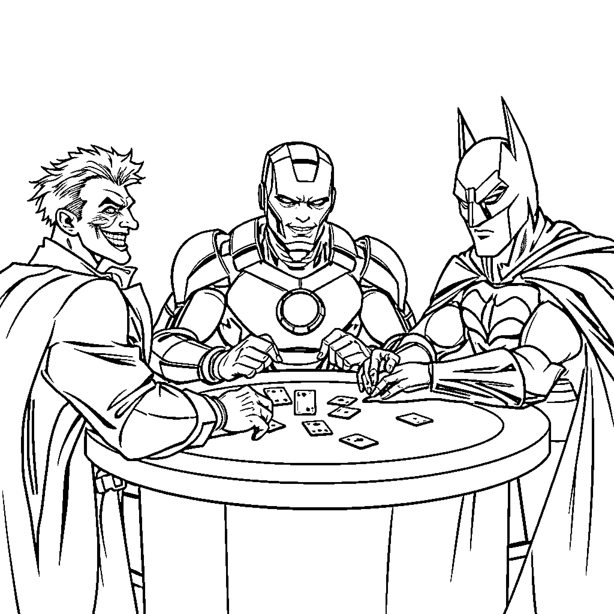 Iron Man and Superhero Friends Playing Card Game Coloring Page (free black-and-white line drawing printable PDF for all, from beginners to advanced learners, including children, teens, adults, and seniors)