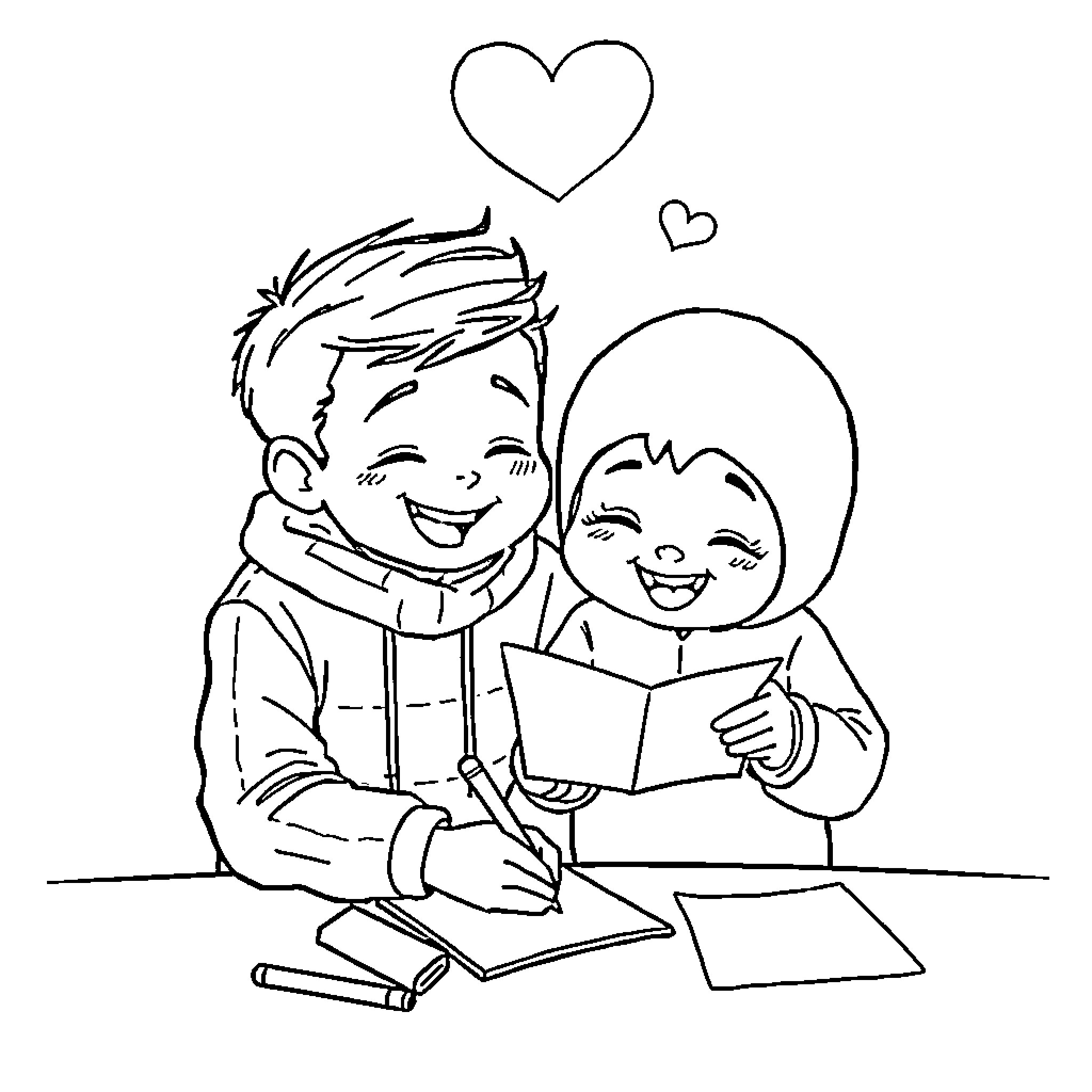 Dudu's Heartwarming Study Session Coloring Page (free black-and-white line drawing printable PDF for all, from beginners to advanced learners, including children, teens, adults, and seniors)