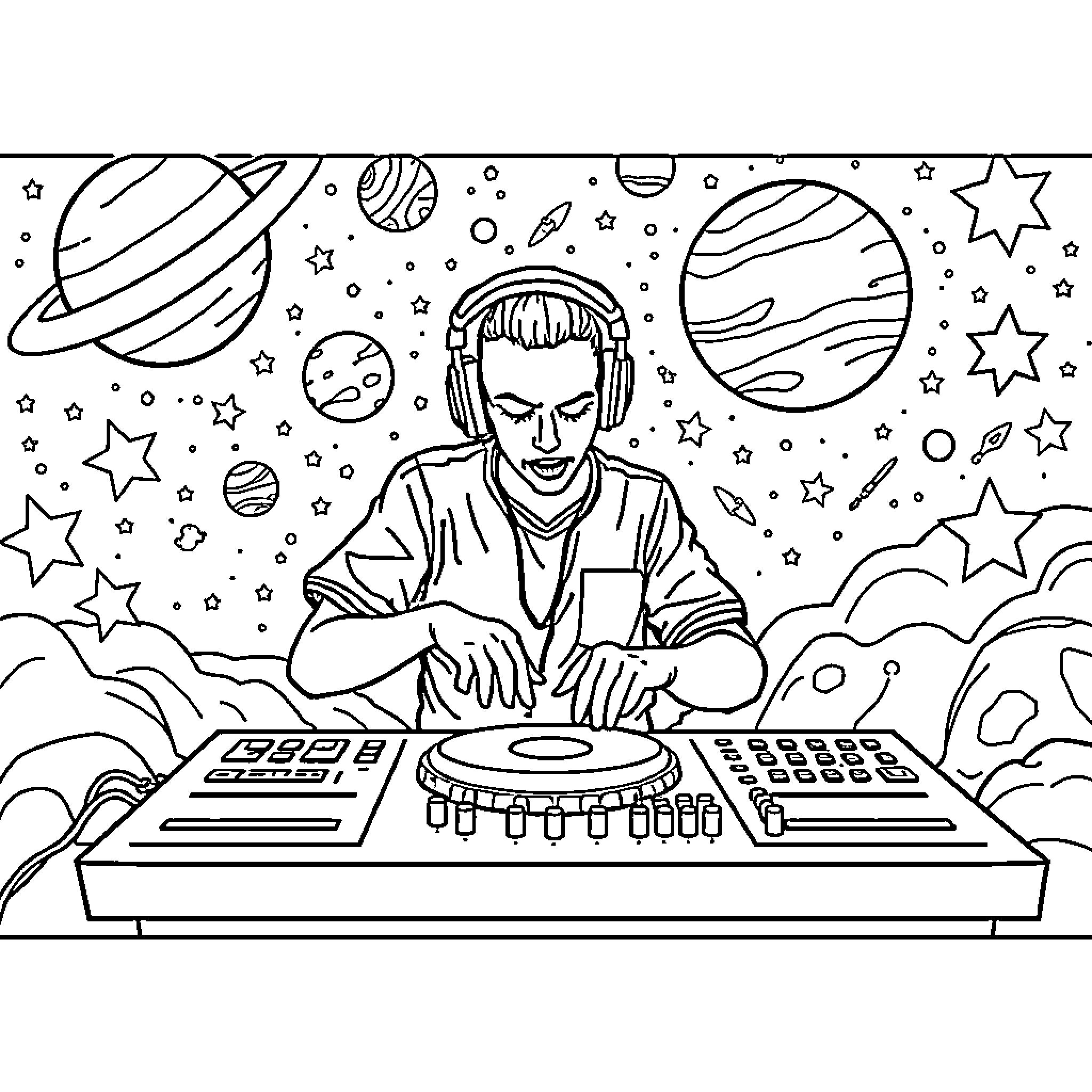 DJ Mixing Cosmic Beats in the Stars Coloring Page (free black-and-white line drawing printable PDF for all, from beginners to advanced learners, including children, teens, adults, and seniors)