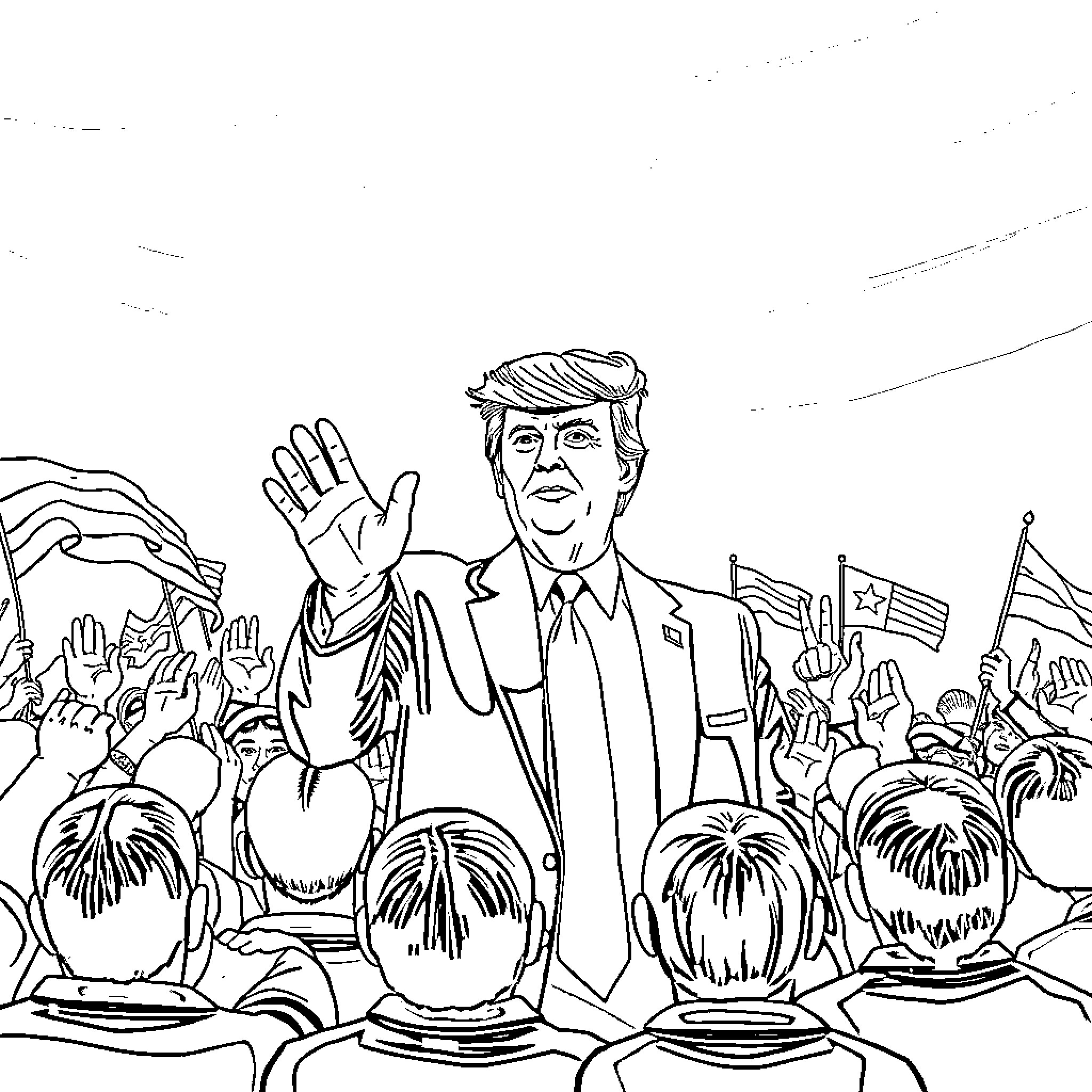 Trump Addressing a Crowd with Waving Flags Coloring Page (free black-and-white line drawing printable PDF for all, from beginners to advanced learners, including children, teens, adults, and seniors)