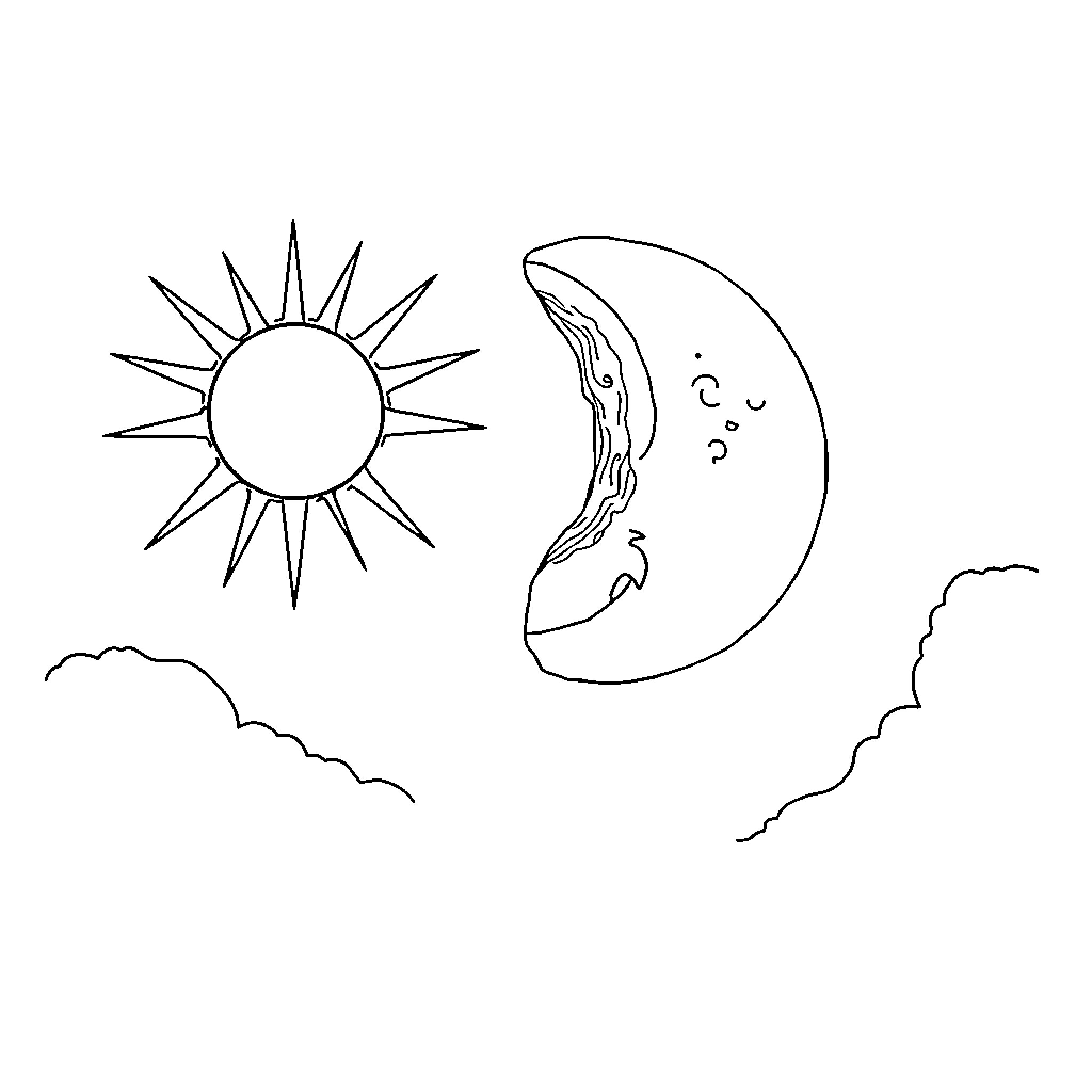 Sun and Moon interacting playfully in the sky Coloring Page (free black-and-white line drawing printable PDF for all, from beginners to advanced learners, including children, teens, adults, and seniors)