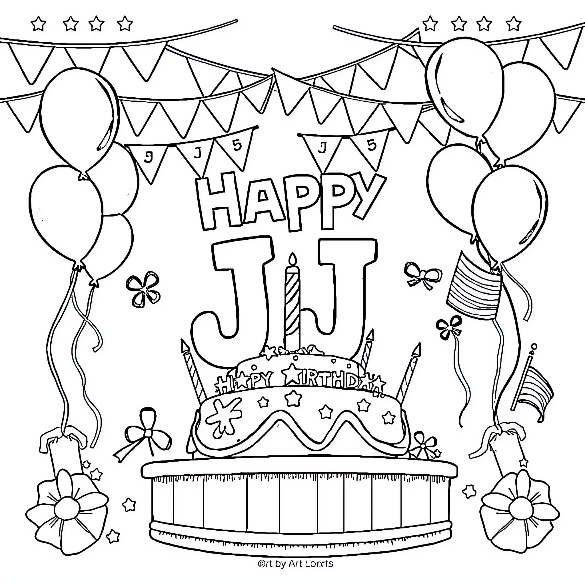 Birthday celebration with balloons and decorations Coloring Page (free black-and-white line drawing printable PDF for all, from beginners to advanced learners, including children, teens, adults, and seniors)