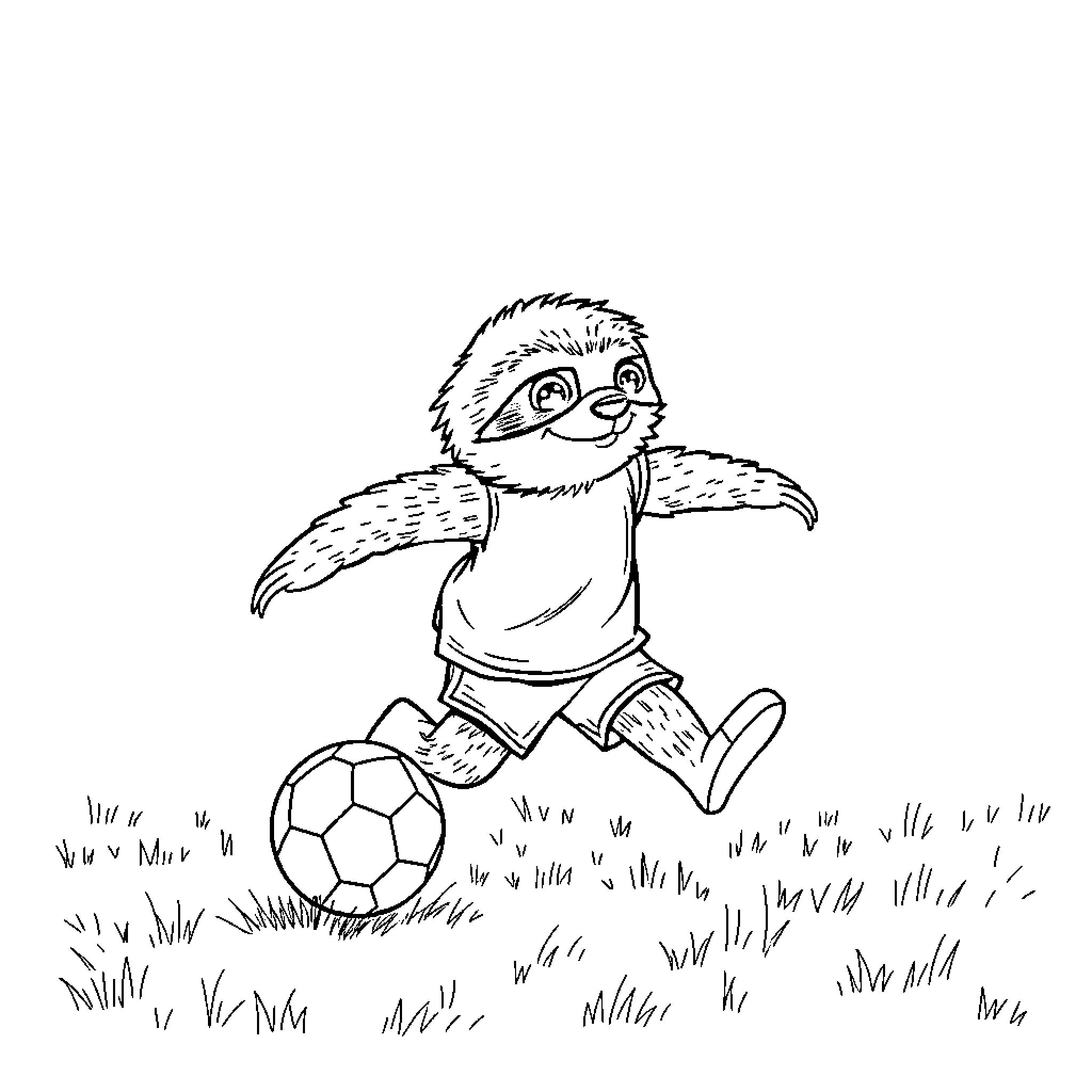 Sloth playing with soccer ball in grassy field Coloring Page (free black-and-white line drawing printable PDF for all, from beginners to advanced learners, including children, teens, adults, and seniors)