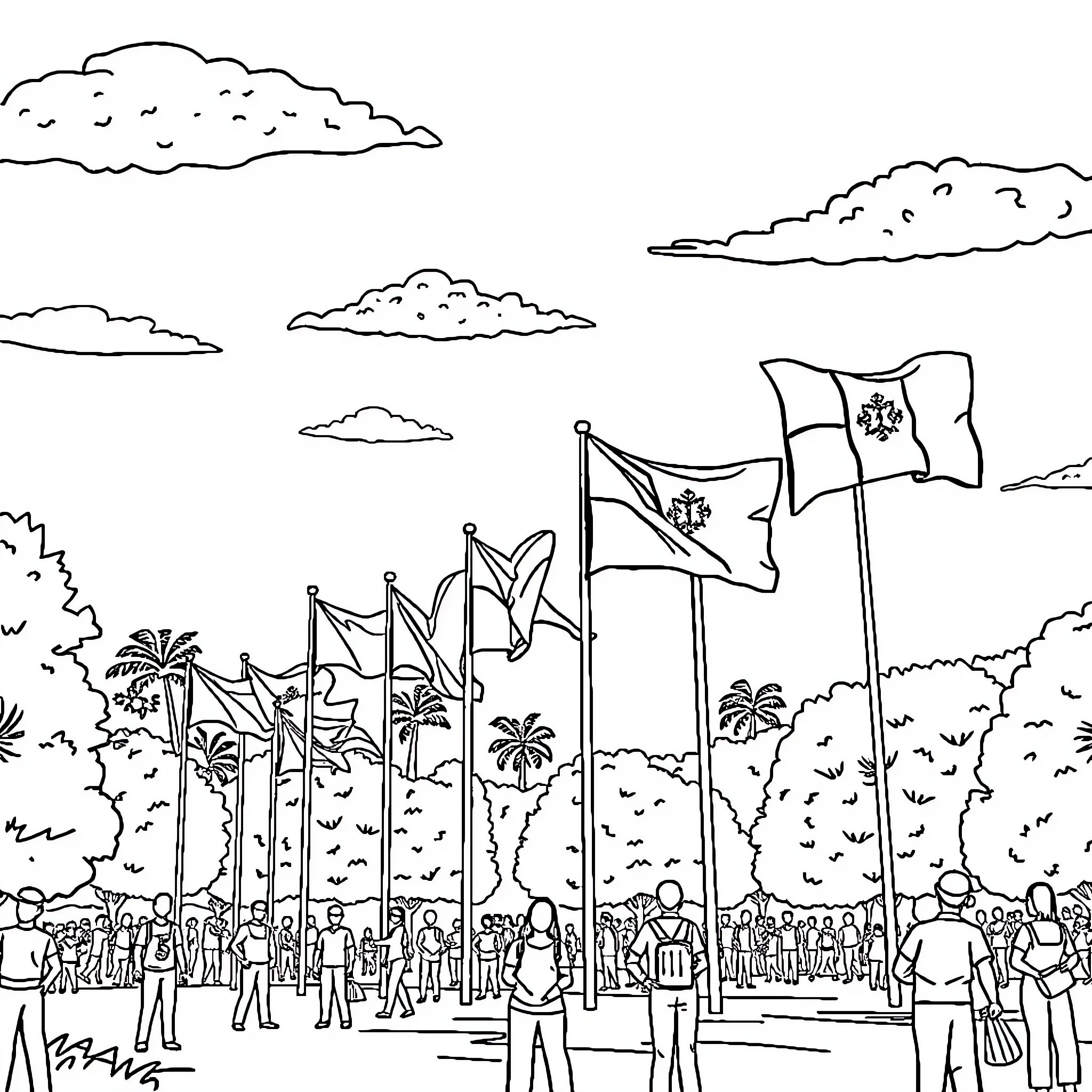 Flag waving celebration in tropical setting Coloring Page (free black-and-white line drawing printable PDF for all, from beginners to advanced learners, including children, teens, adults, and seniors)
