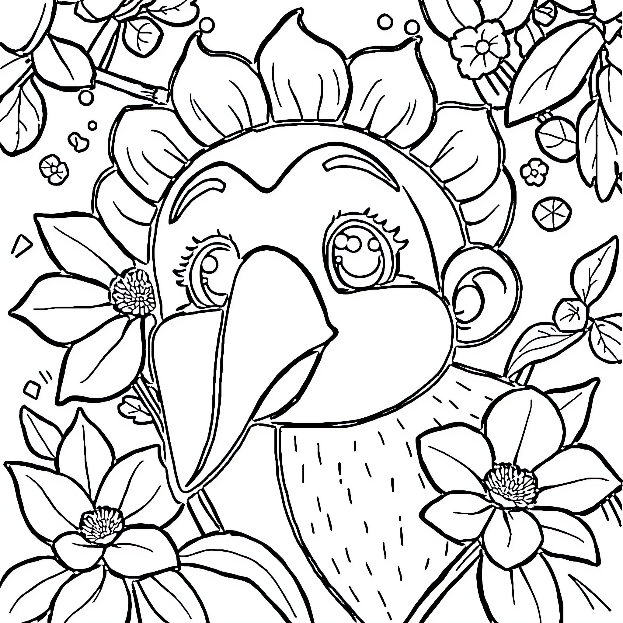 Rabbit playing among colorful flowers Coloring Page (free black-and-white line drawing printable PDF for all, from beginners to advanced learners, including children, teens, adults, and seniors)