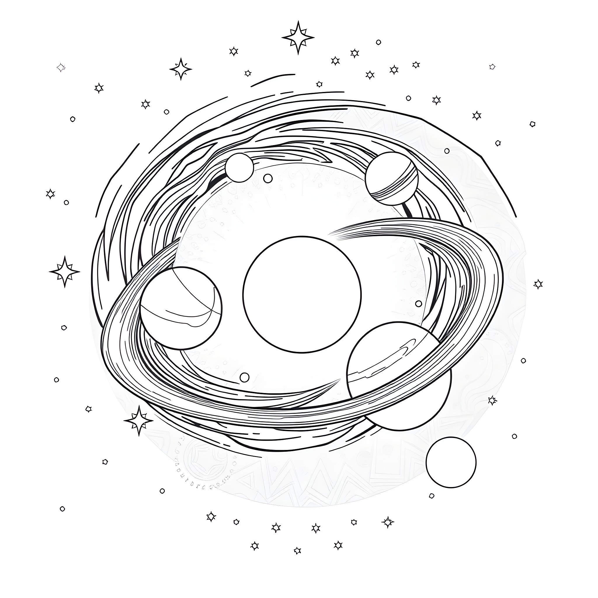 Solar System Planets and Celestial Objects Coloring Page (free black-and-white line drawing printable PDF for all, from beginners to advanced learners, including children, teens, adults, and seniors)