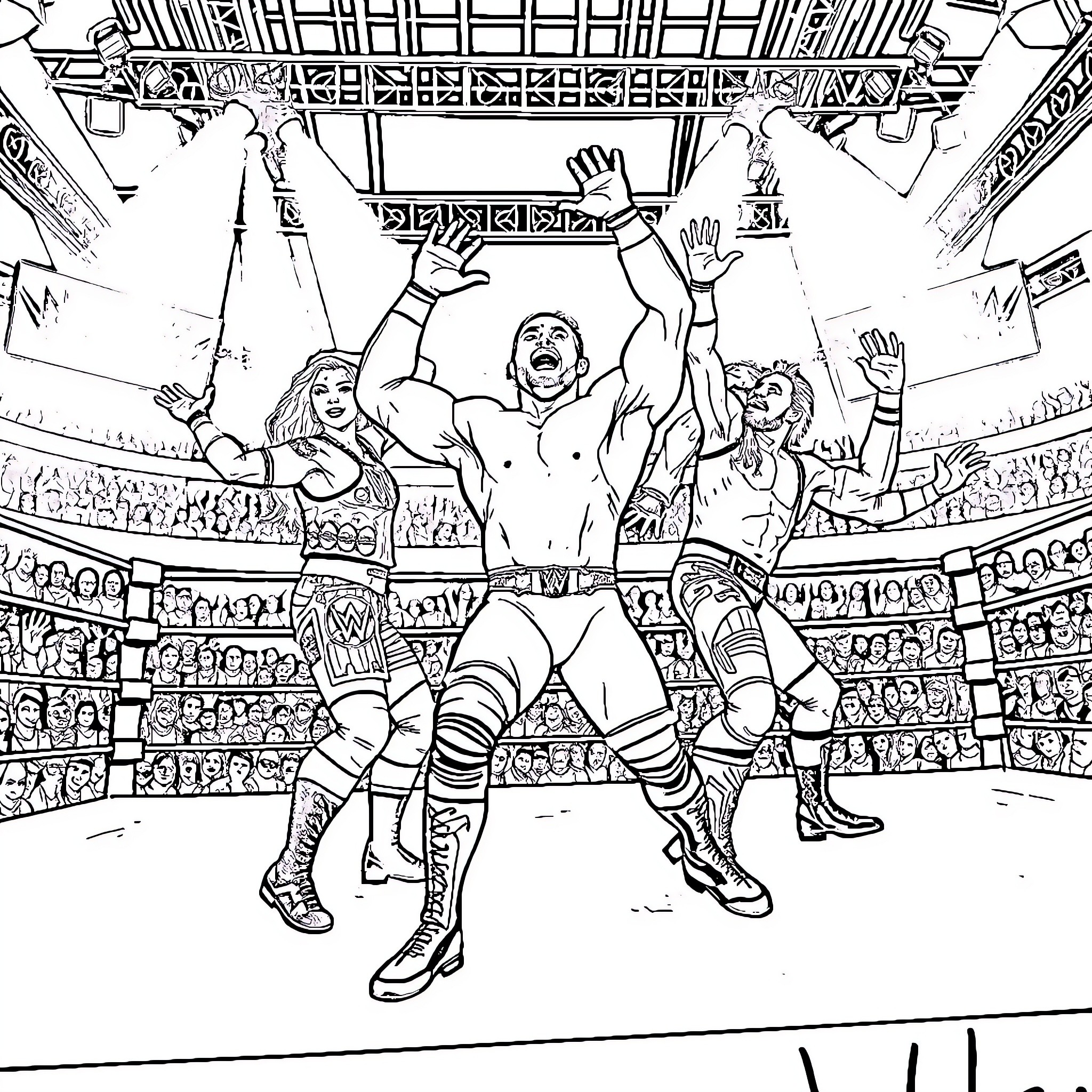 Wrestlers performing dynamic moves in the ring Coloring Page (free black-and-white line drawing printable PDF for all, from beginners to advanced learners, including children, teens, adults, and seniors)