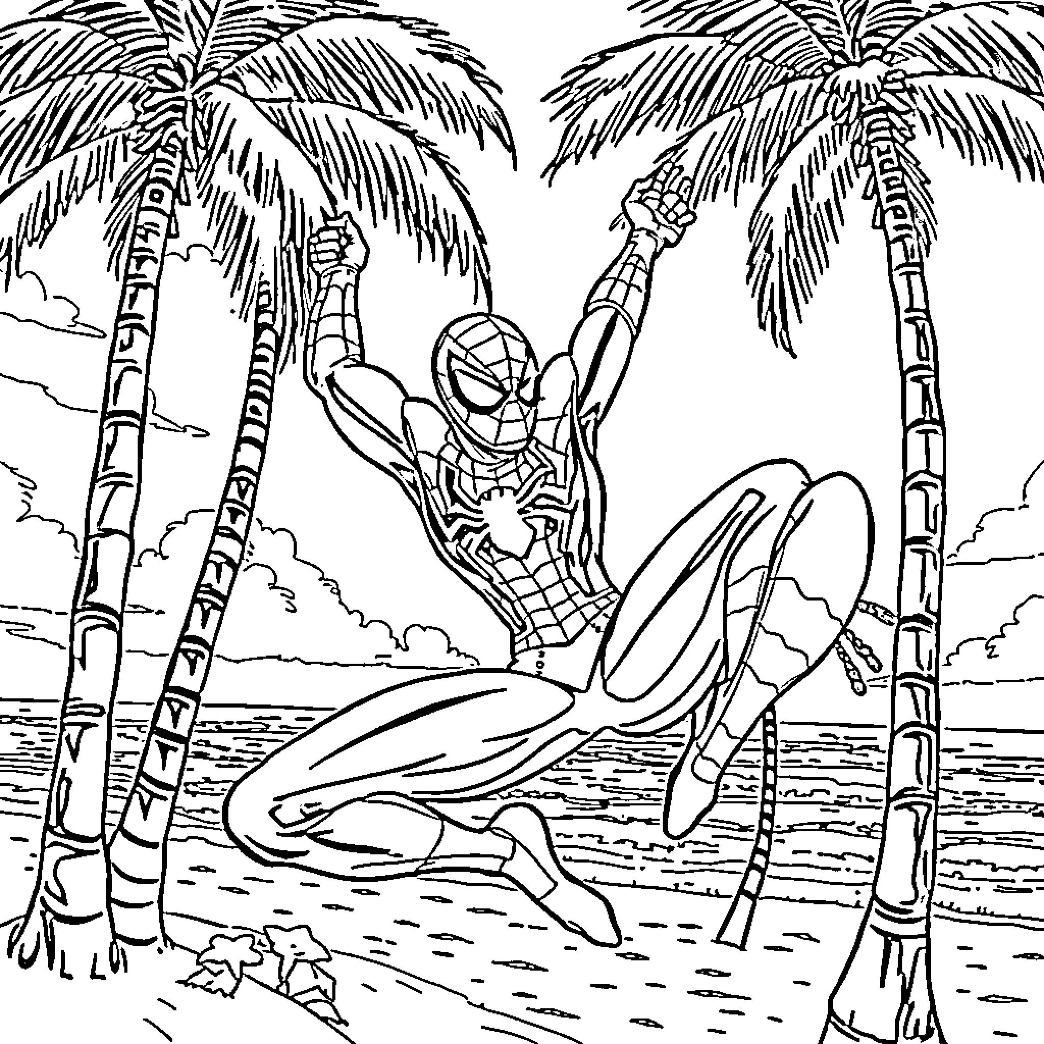 Spiderman surfing on the beach with palm trees Coloring Page (free black-and-white line drawing printable PDF for all, from beginners to advanced learners, including children, teens, adults, and seniors)