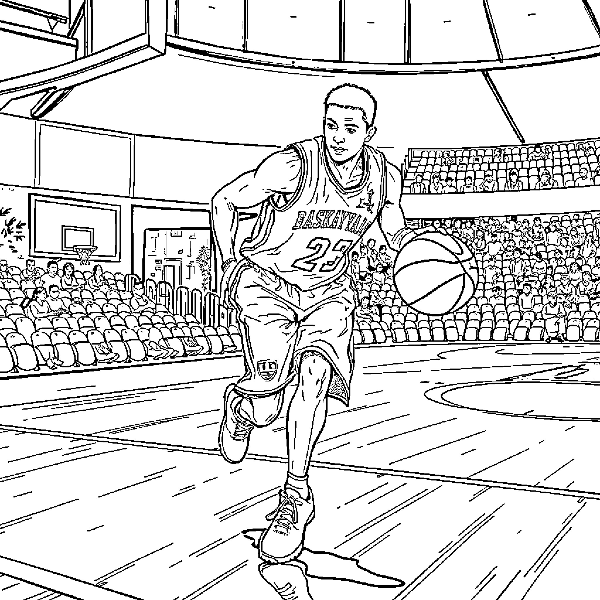 Basketeur Dribbling in the Arena Coloring Page (free black-and-white line drawing printable PDF for all, from beginners to advanced learners, including children, teens, adults, and seniors)