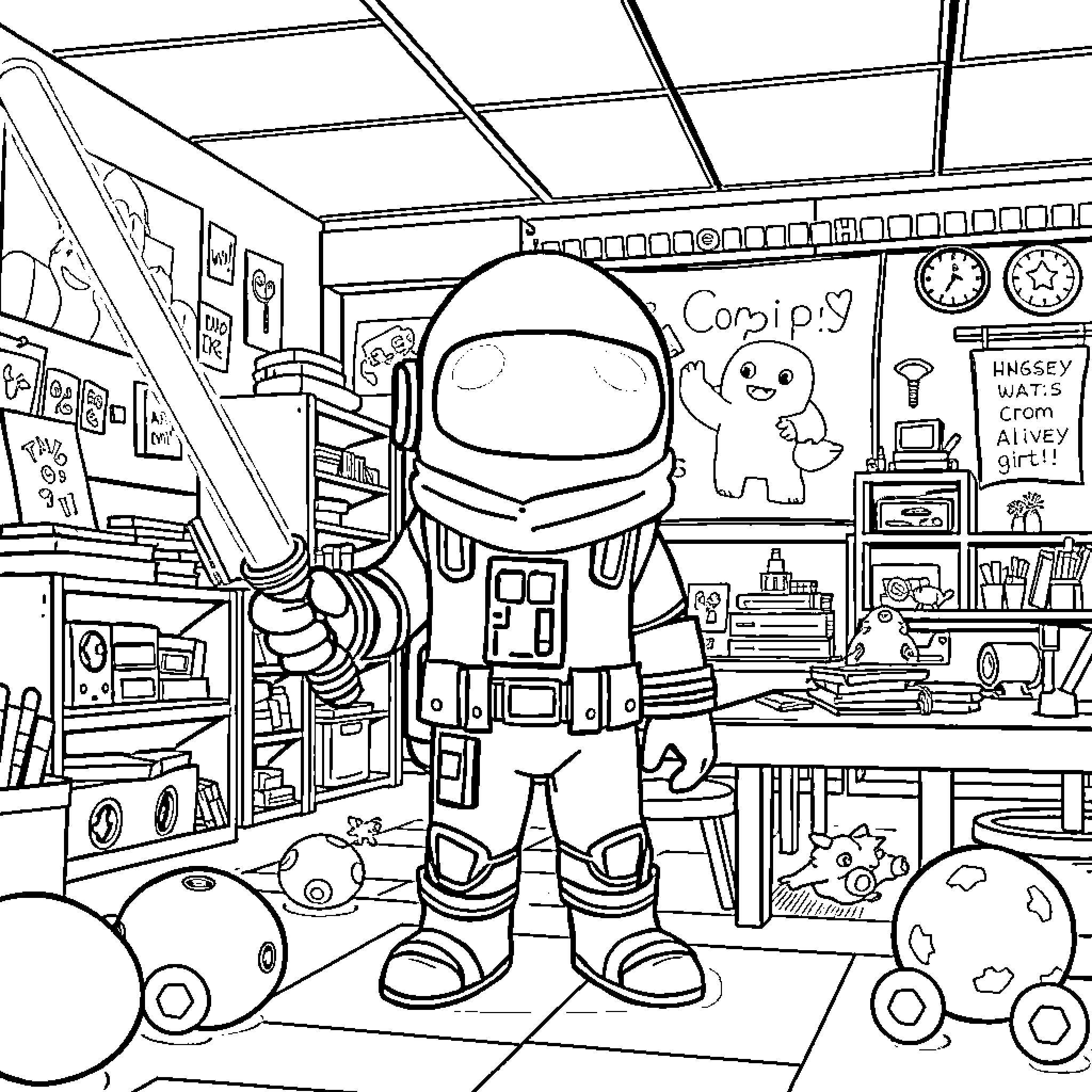 Among Us Character in a Cluttered Workshop Coloring Page (free black-and-white line drawing printable PDF for all, from beginners to advanced learners, including children, teens, adults, and seniors)