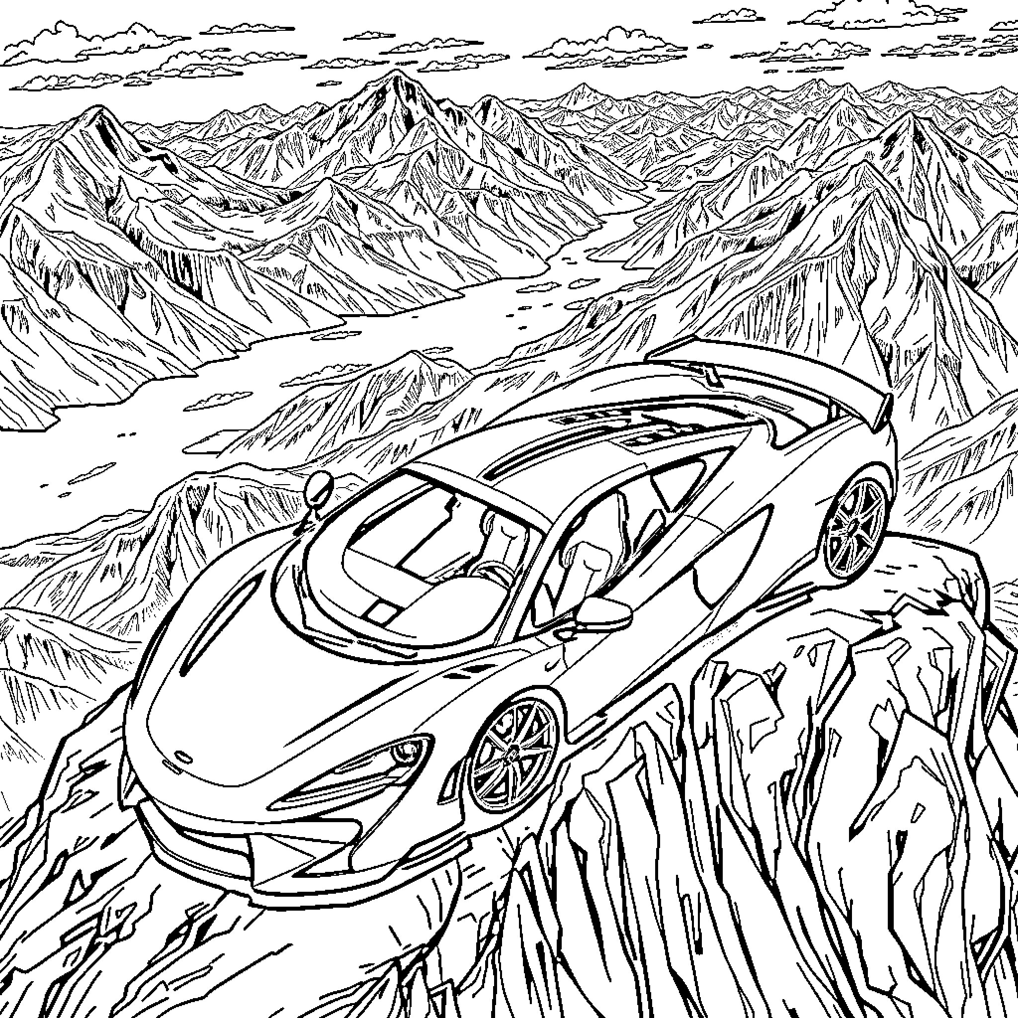 McLaren supercar races through majestic mountain landscape Coloring Page (free black-and-white line drawing printable PDF for all, from beginners to advanced learners, including children, teens, adults, and seniors)