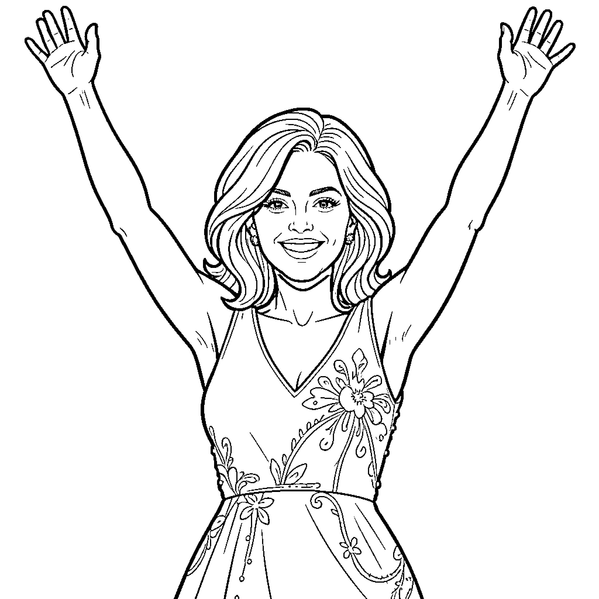 Céline Dion smiling with arms raised high Coloring Page (free black-and-white line drawing printable PDF for all, from beginners to advanced learners, including children, teens, adults, and seniors)