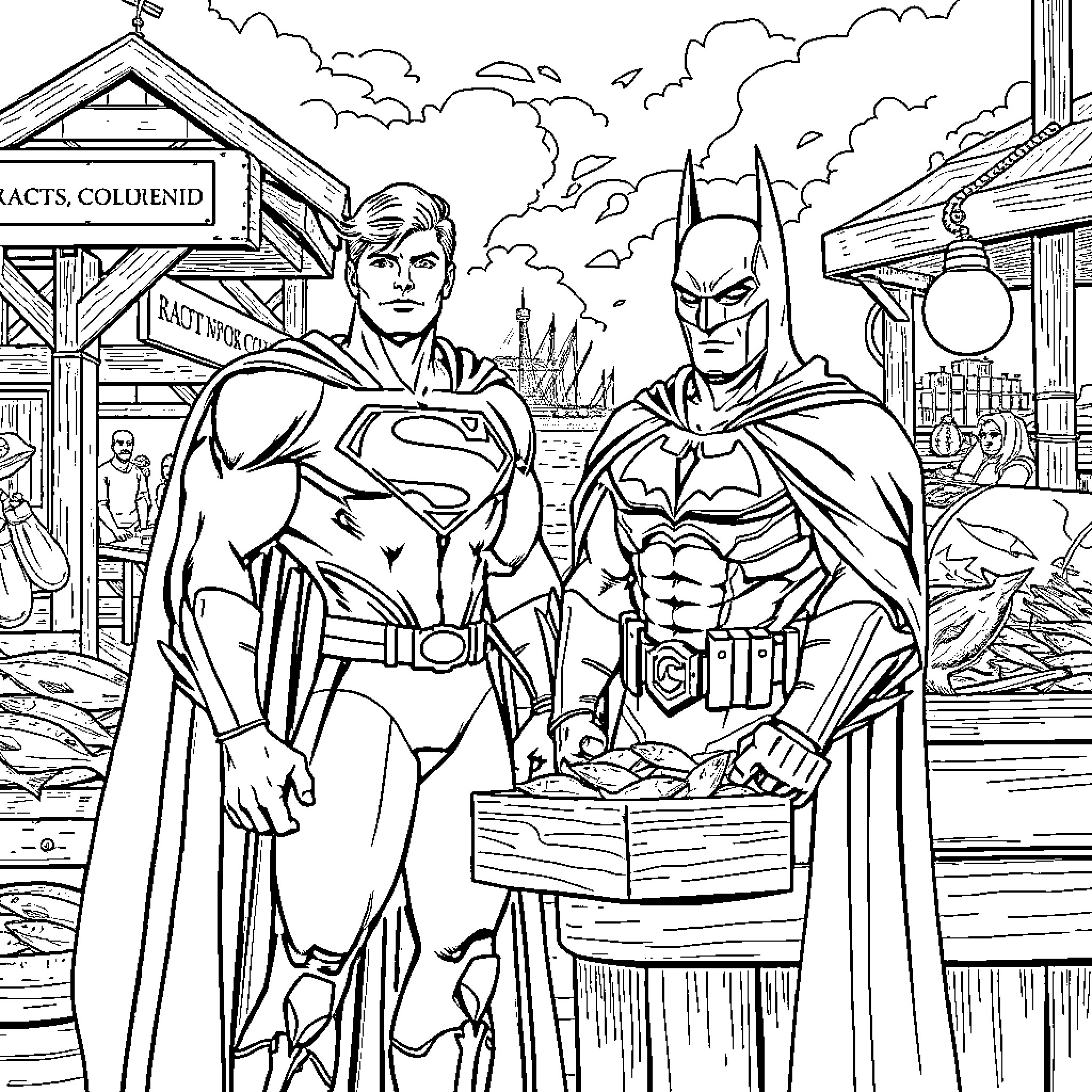 Superman and Batman in an action-packed scene Coloring Page (free black-and-white line drawing printable PDF for all, from beginners to advanced learners, including children, teens, adults, and seniors)