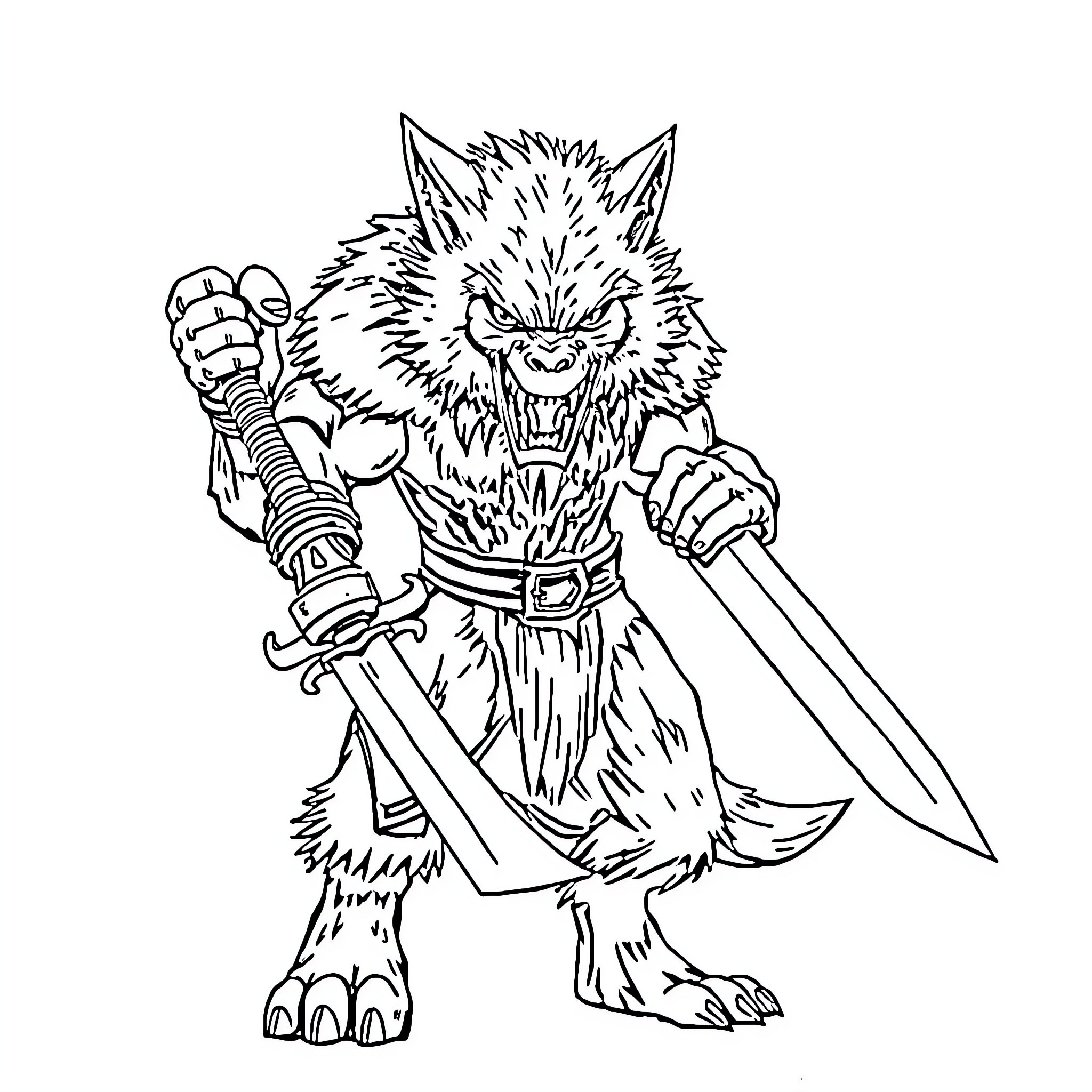 Werewolf warrior wielding a sword in combat Coloring Page (free black-and-white line drawing printable PDF for all, from beginners to advanced learners, including children, teens, adults, and seniors)