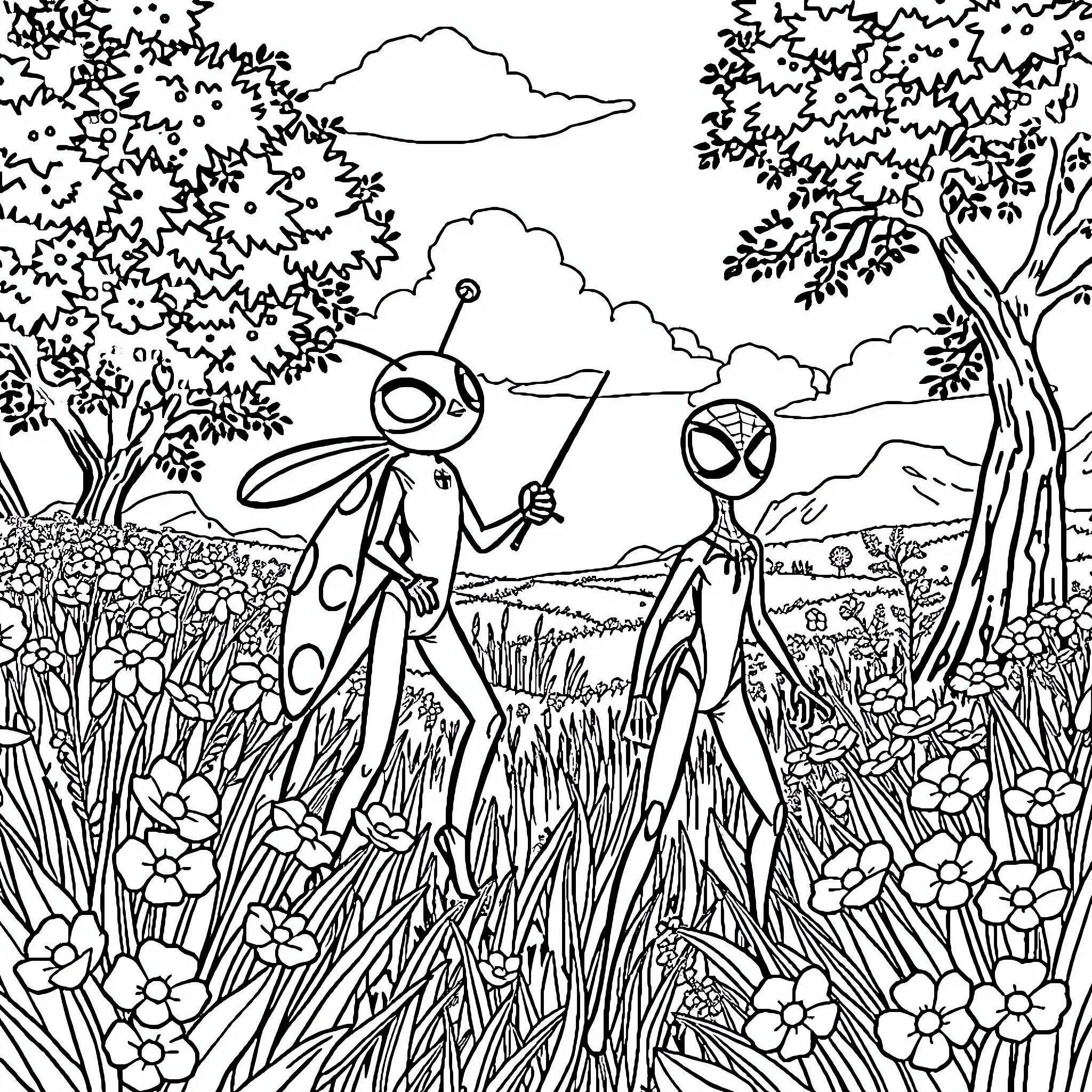 Patrol of Whimsical Creatures in Vibrant Nature Coloring Page (free black-and-white line drawing printable PDF for all, from beginners to advanced learners, including children, teens, adults, and seniors)