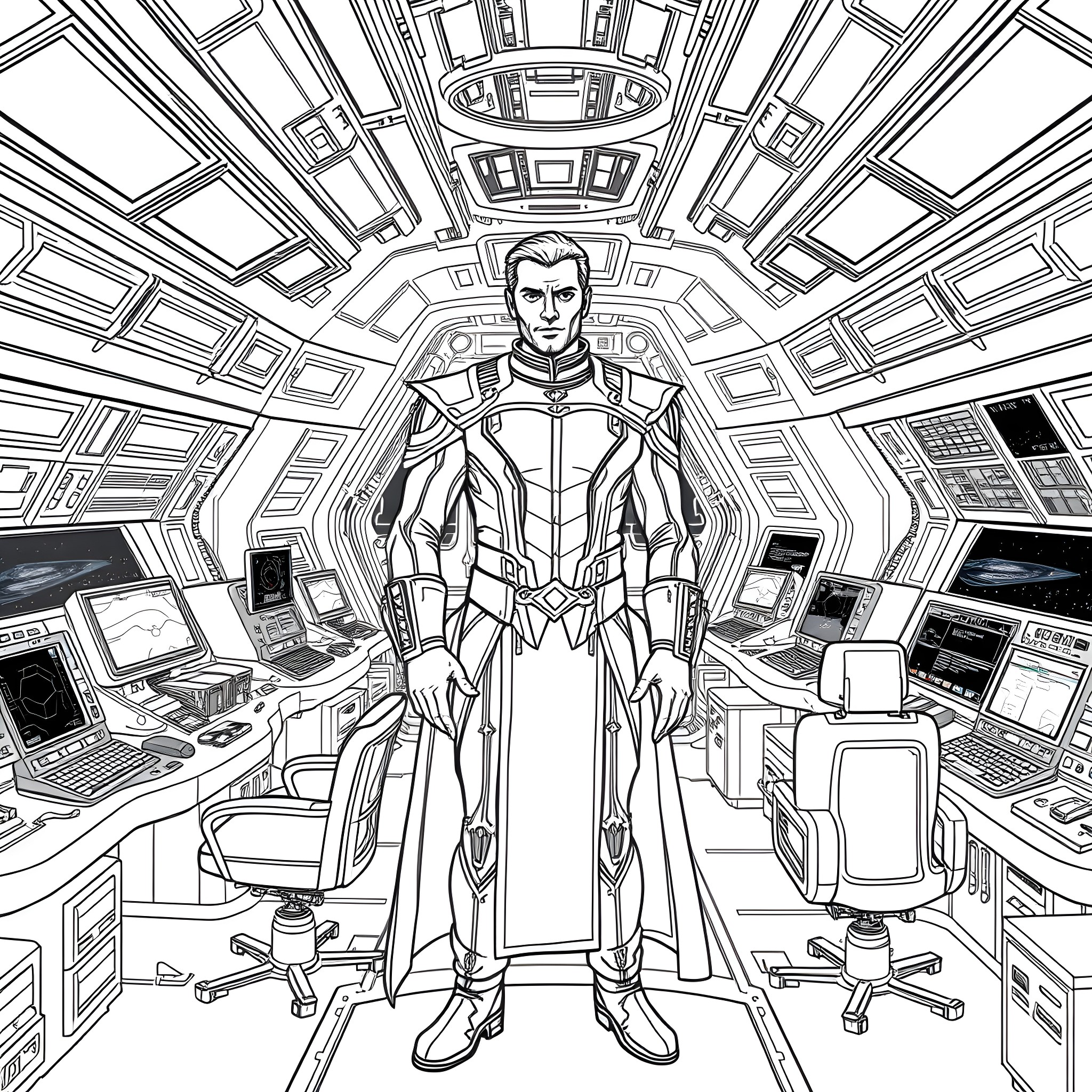 Zathras the Futuristic Technician in a Futuristic Control Room Coloring Page (free black-and-white line drawing printable PDF for all, from beginners to advanced learners, including children, teens, adults, and seniors)