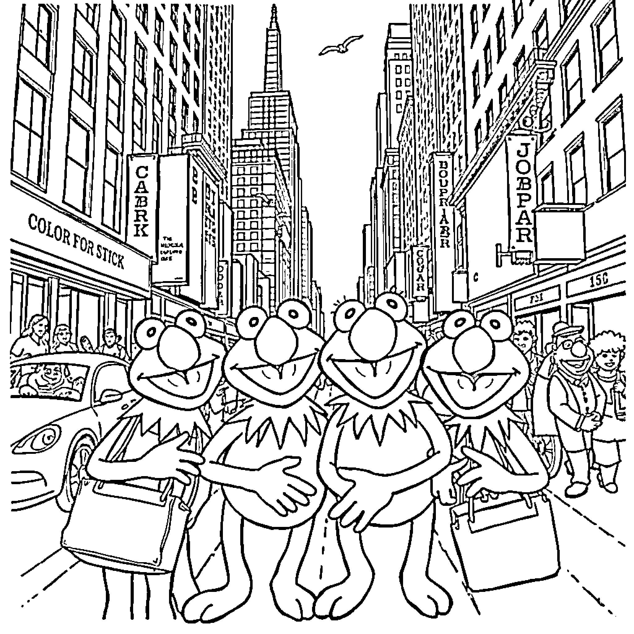 Muppet characters exploring the city streets Coloring Page (free black-and-white line drawing printable PDF for all, from beginners to advanced learners, including children, teens, adults, and seniors)