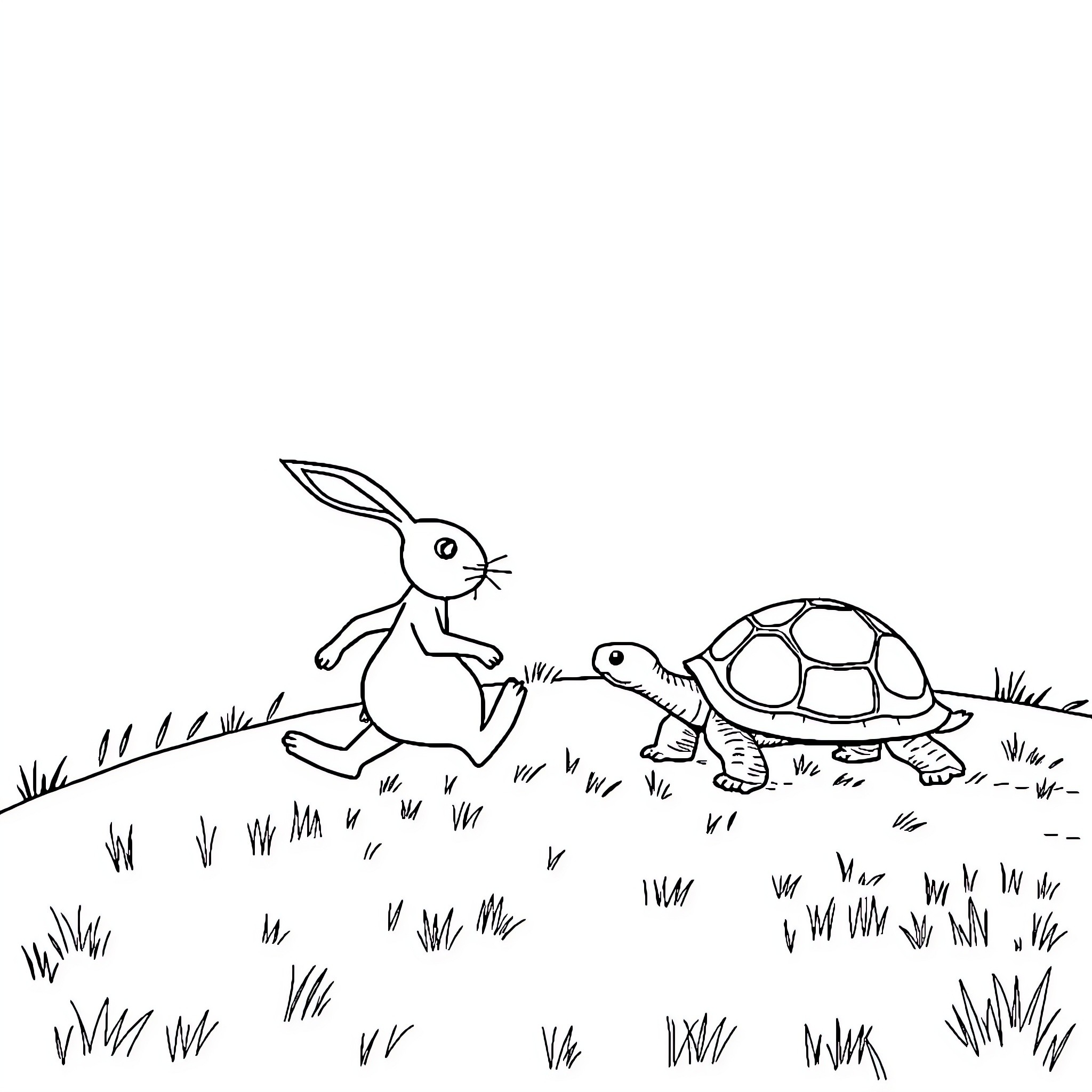 Rabbit chasing a turtle in the grass Coloring Page (free black-and-white line drawing printable PDF for all, from beginners to advanced learners, including children, teens, adults, and seniors)