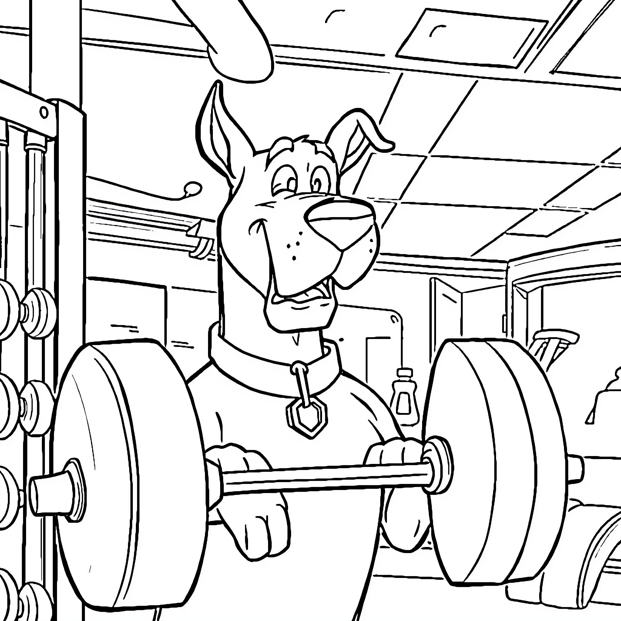 Scooby Doo Works Out in the Gym Coloring Page (free black-and-white line drawing printable PDF for all, from beginners to advanced learners, including children, teens, adults, and seniors)