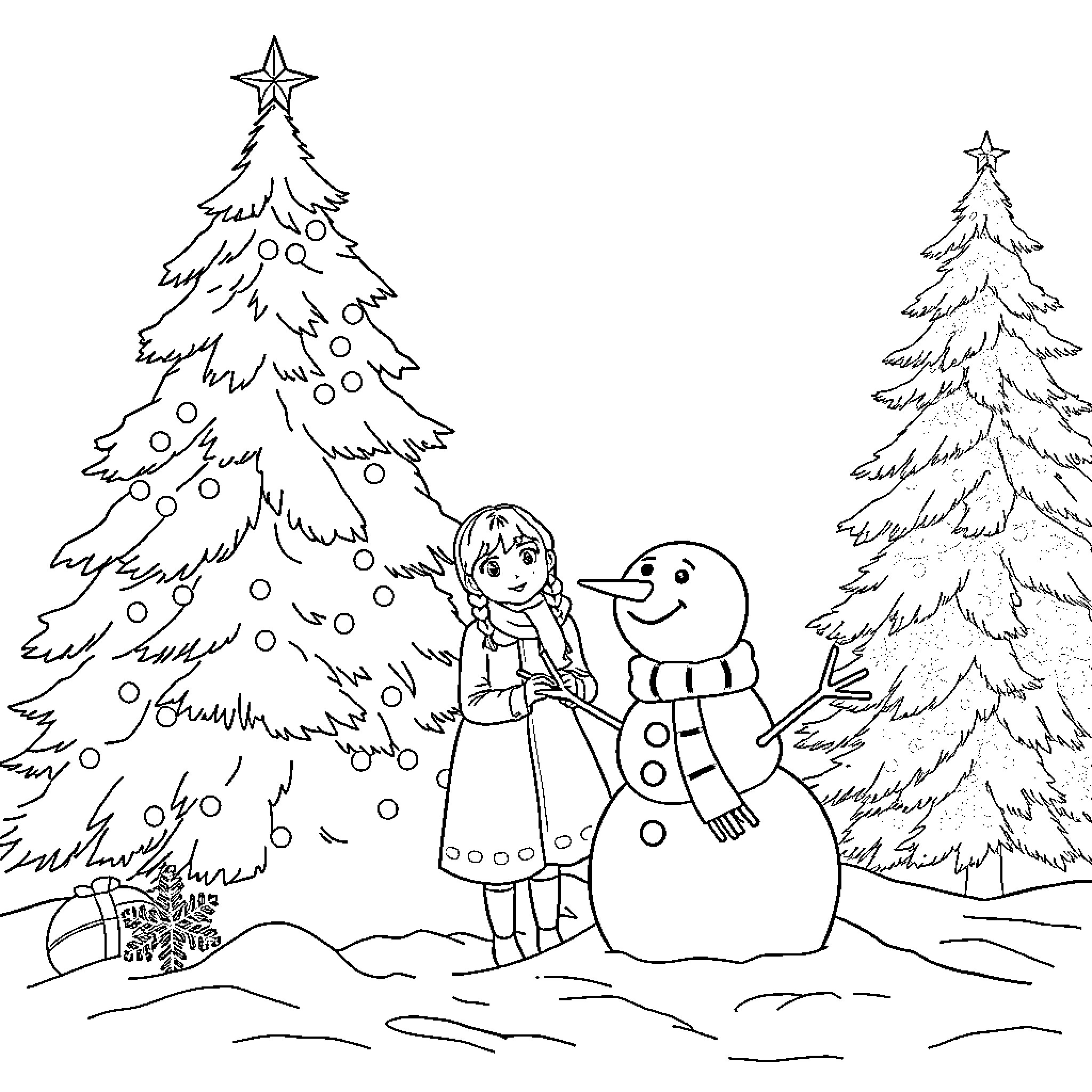 Elsa decorates Christmas trees with snowman Coloring Page (free black-and-white line drawing printable PDF for all, from beginners to advanced learners, including children, teens, adults, and seniors)