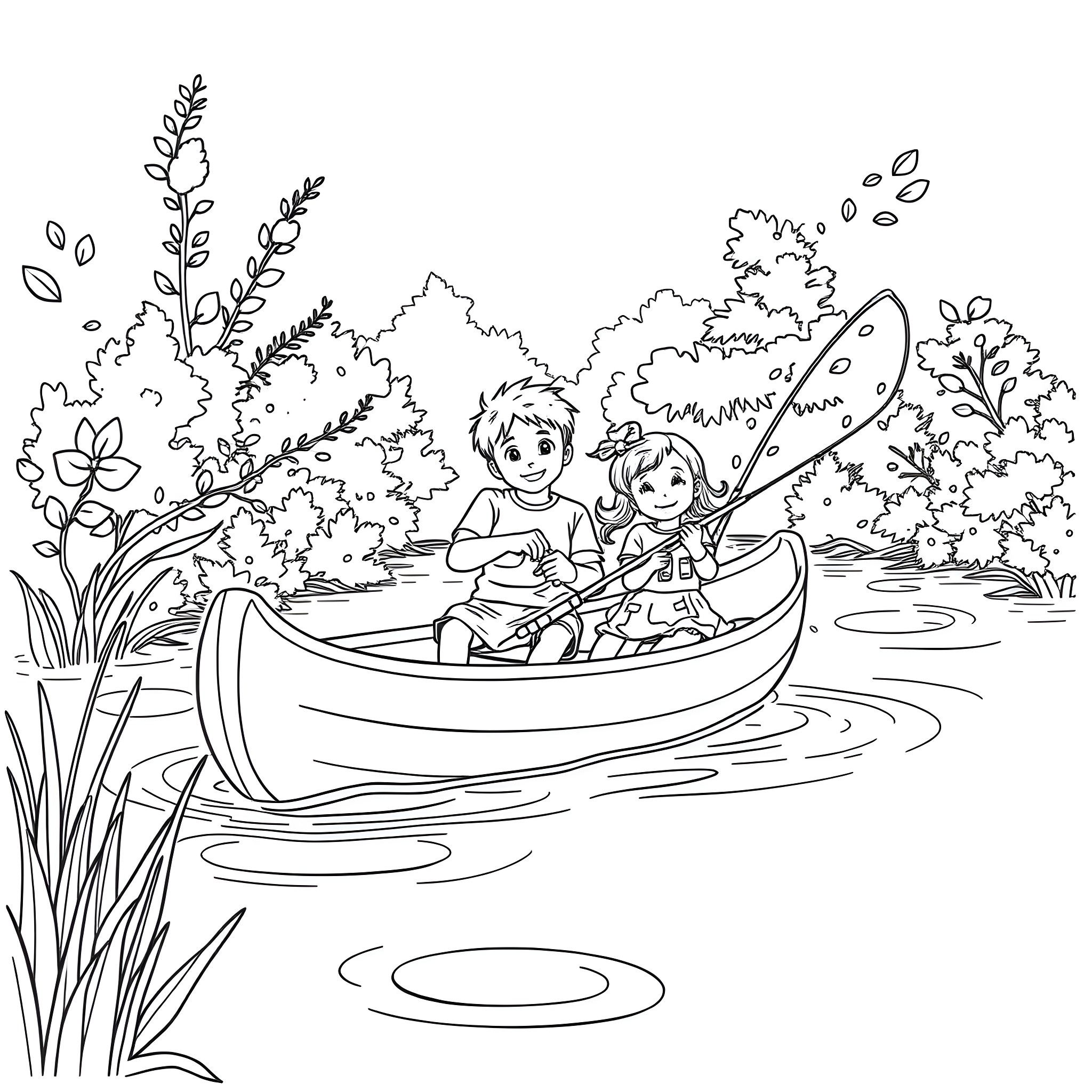 Canoe adventure with children in nature Coloring Page (free black-and-white line drawing printable PDF for all, from beginners to advanced learners, including children, teens, adults, and seniors)