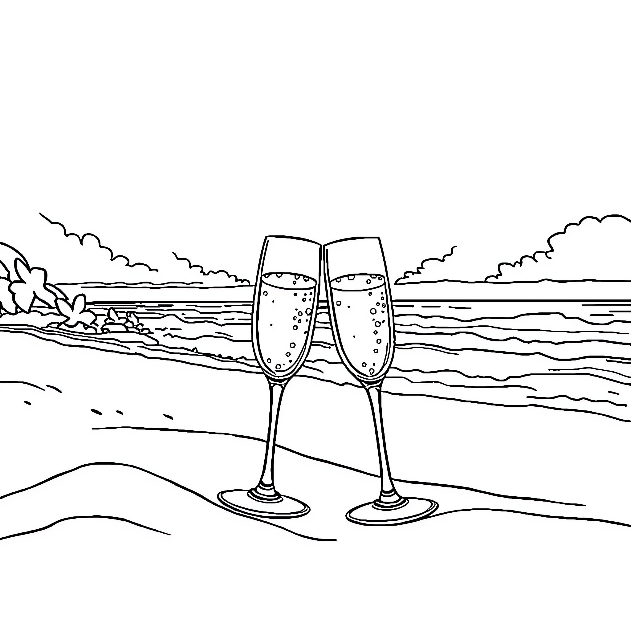 Beach Toasting Glasses Overlooking Scenic View Coloring Page (free black-and-white line drawing printable PDF for all, from beginners to advanced learners, including children, teens, adults, and seniors)