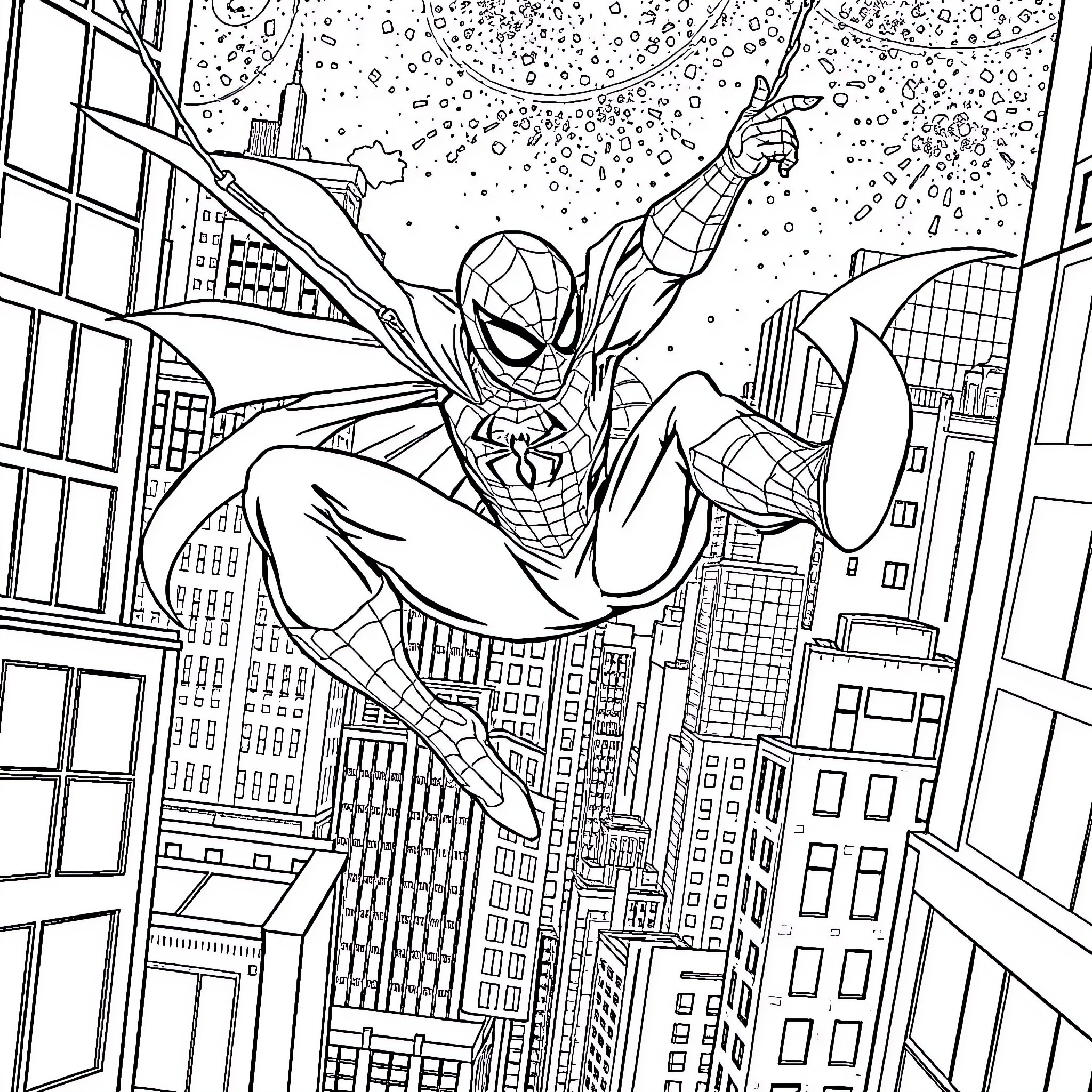 Spiderman swinging through the city skyline Coloring Page (free black-and-white line drawing printable PDF for all, from beginners to advanced learners, including children, teens, adults, and seniors)