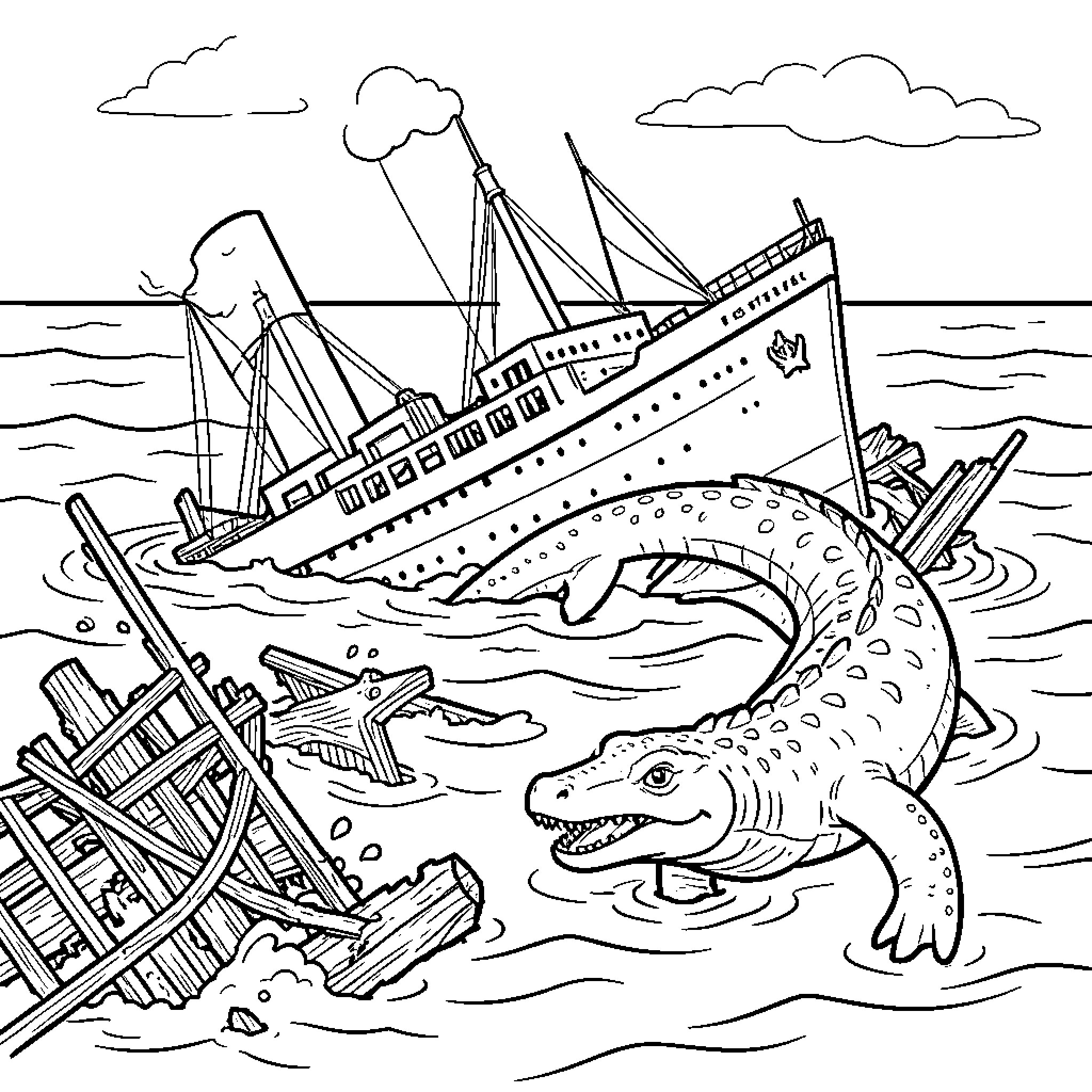 Titanic ship sinking with sea monster Coloring Page (free black-and-white line drawing printable PDF for all, from beginners to advanced learners, including children, teens, adults, and seniors)