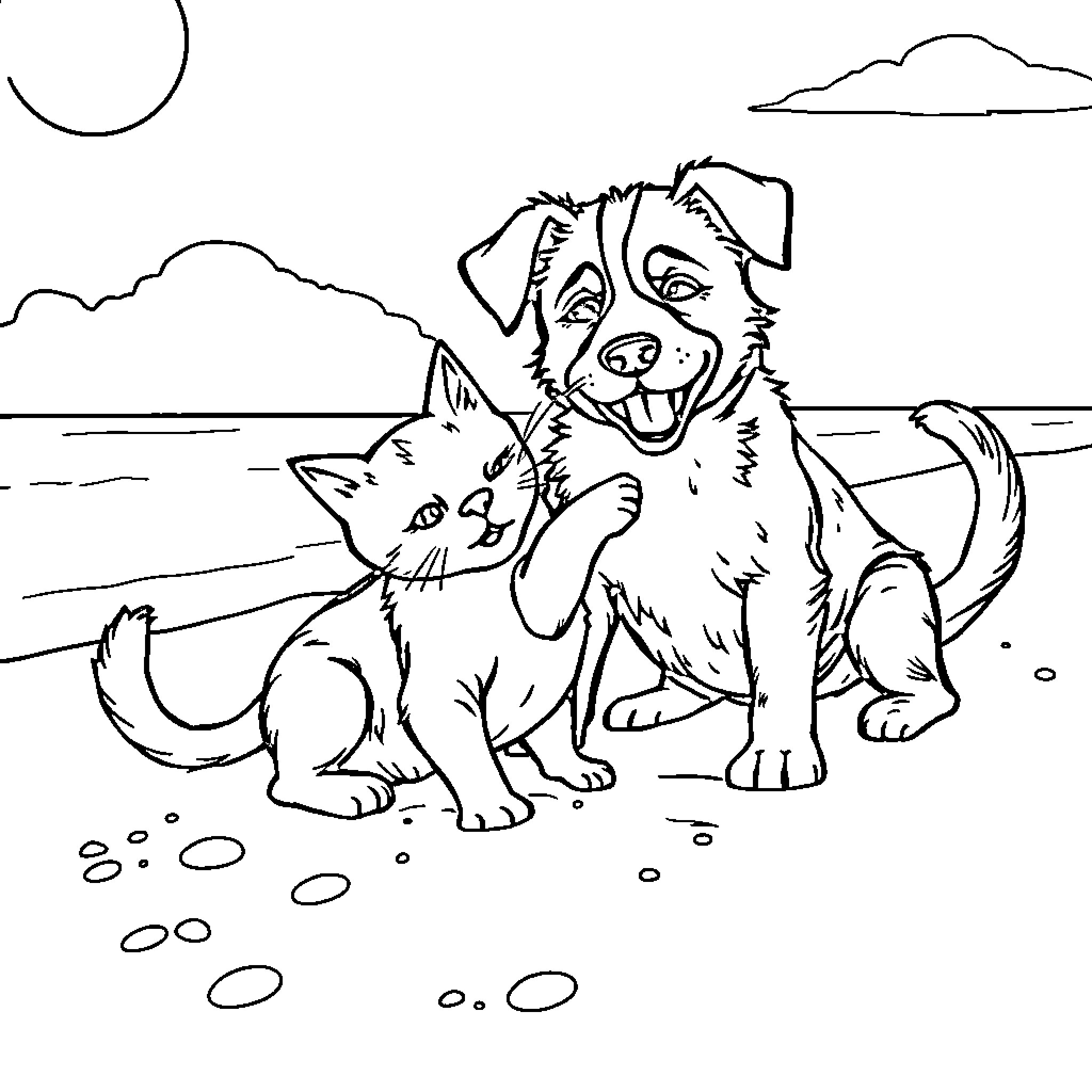 Dog and cat playing together on the beach Coloring Page (free black-and-white line drawing printable PDF for all, from beginners to advanced learners, including children, teens, adults, and seniors)